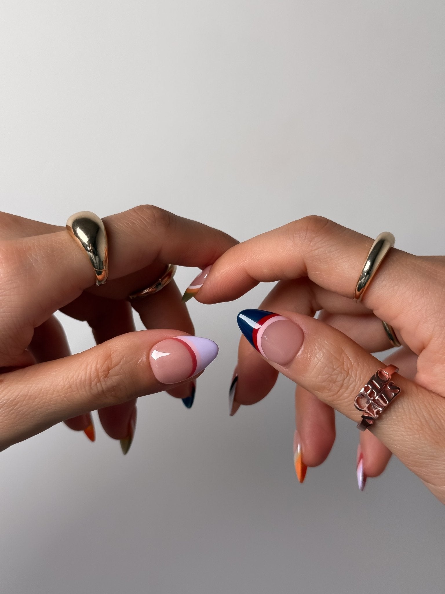 Color Block French Press On Nails | Short Almond Retro Tip Nails