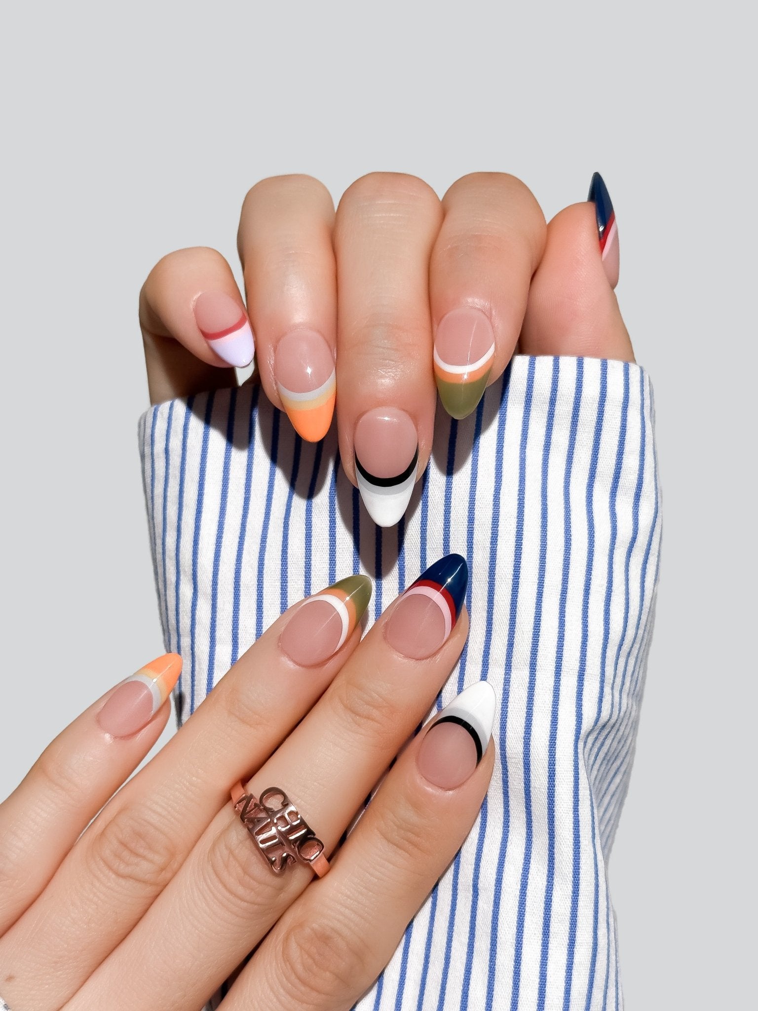 Color Block French Press On Nails | Short Almond Retro Tip Nails