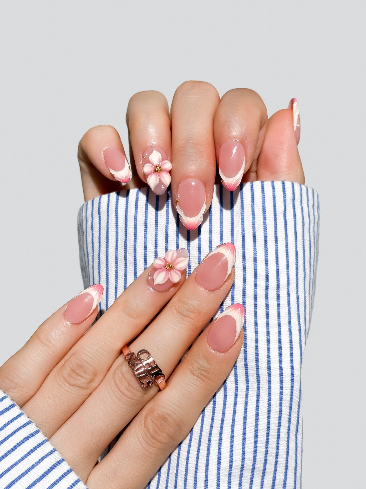 Handmade Pink Flower French Tip Press-On Nails – Short Almond