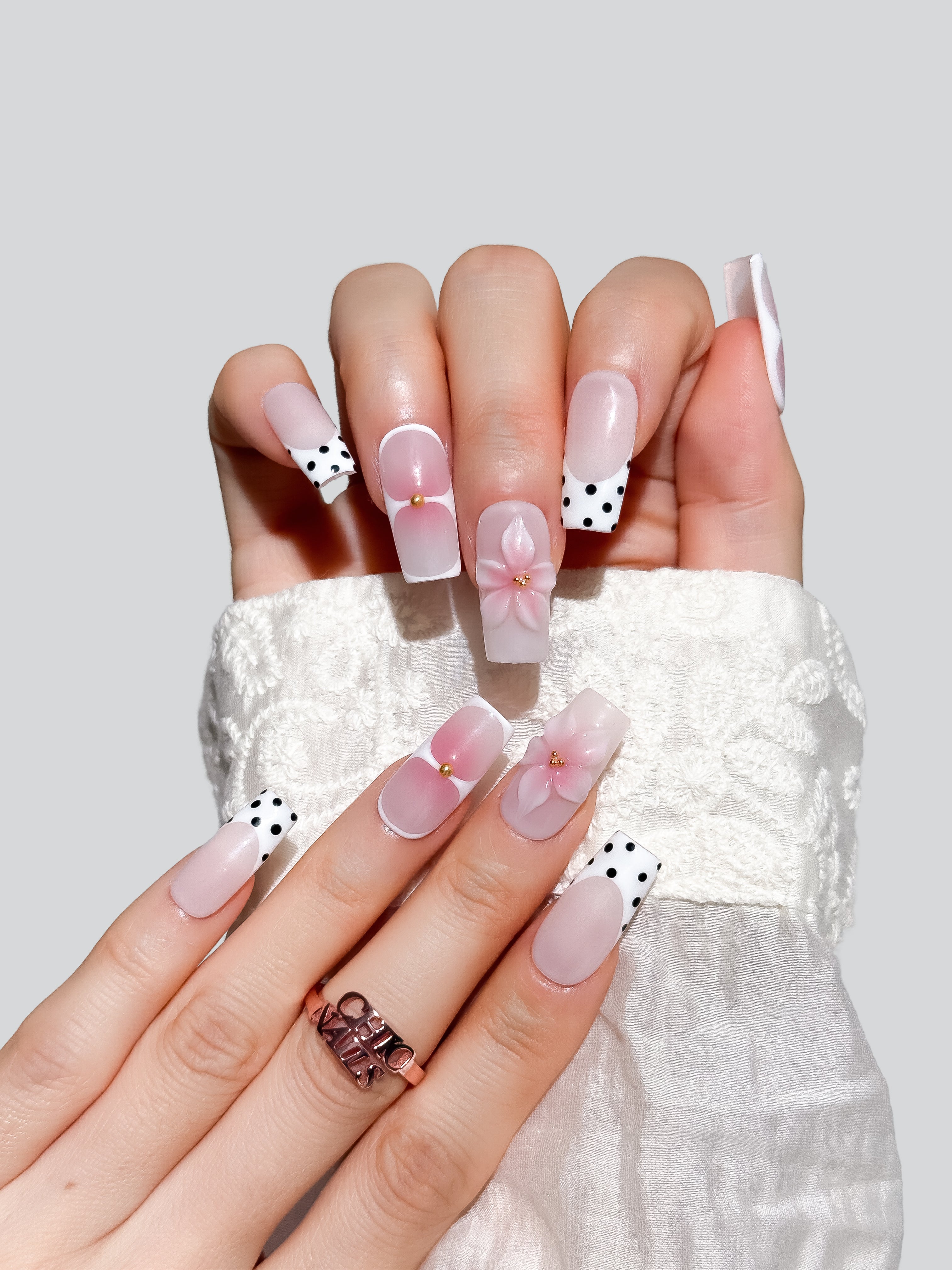 Handmade Pink Bow Polka Dot Press-On Nails – Medium Square