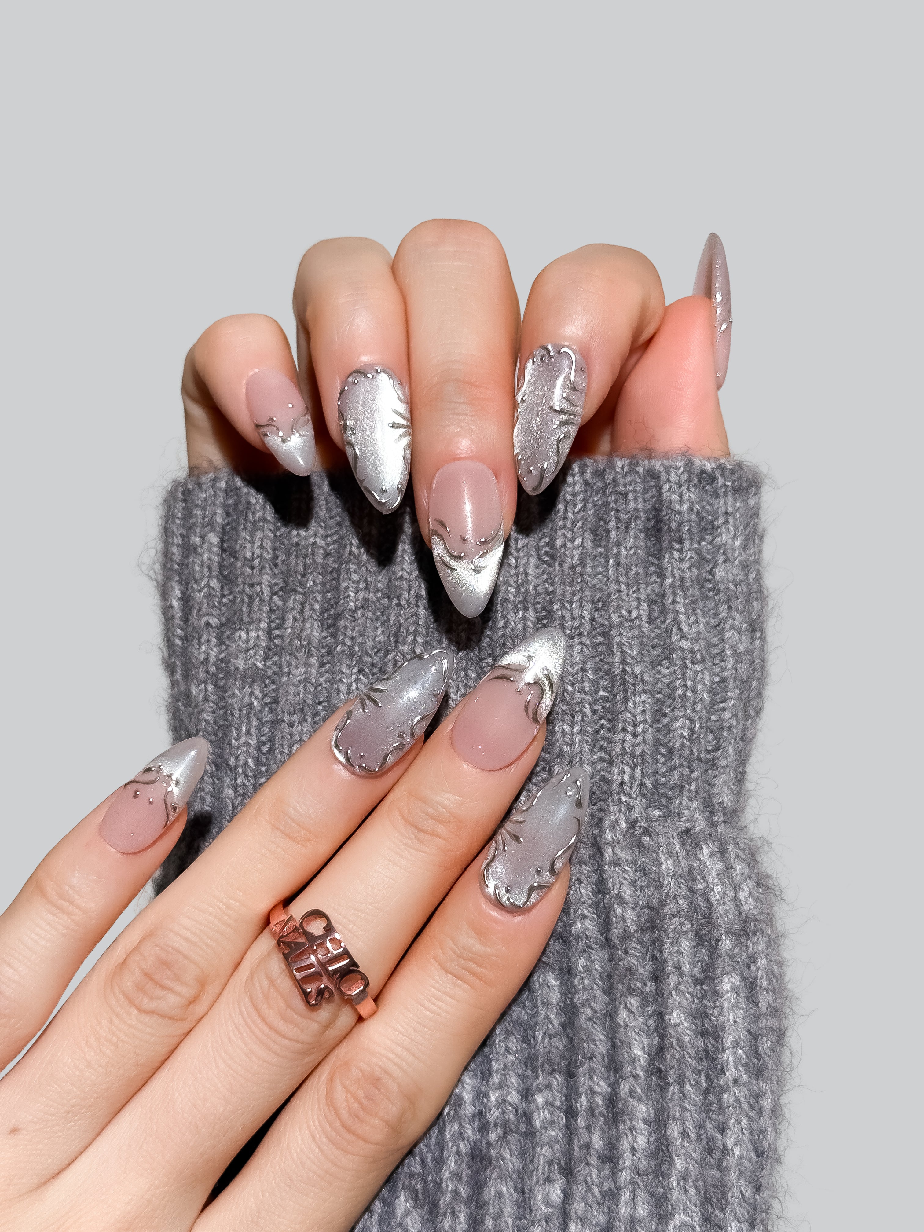 Handmade Silver Chrome Molten Press-On Nails – Medium Almond