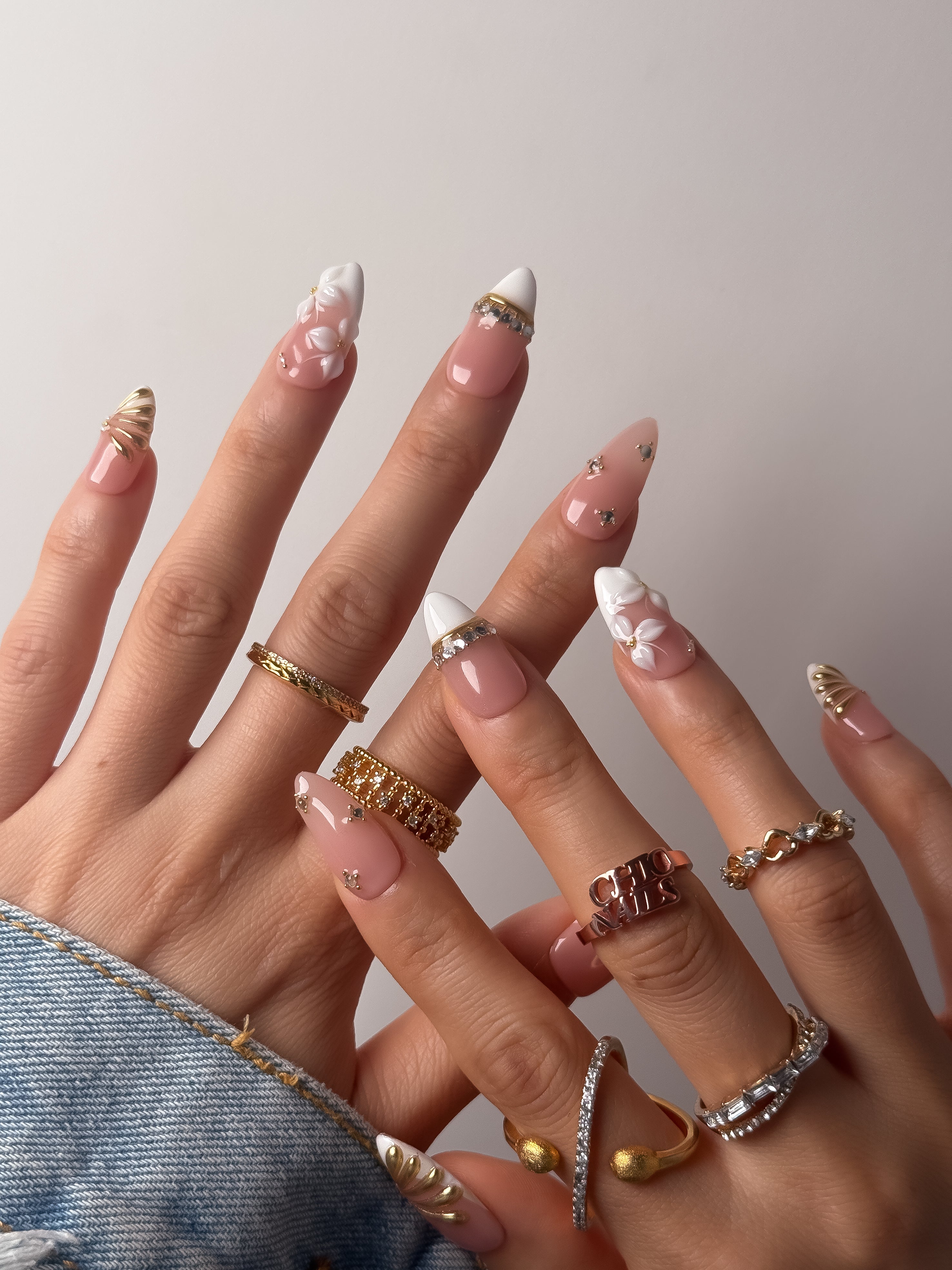 Handmade White Floral French Tip Press-On Nails – Medium Almond