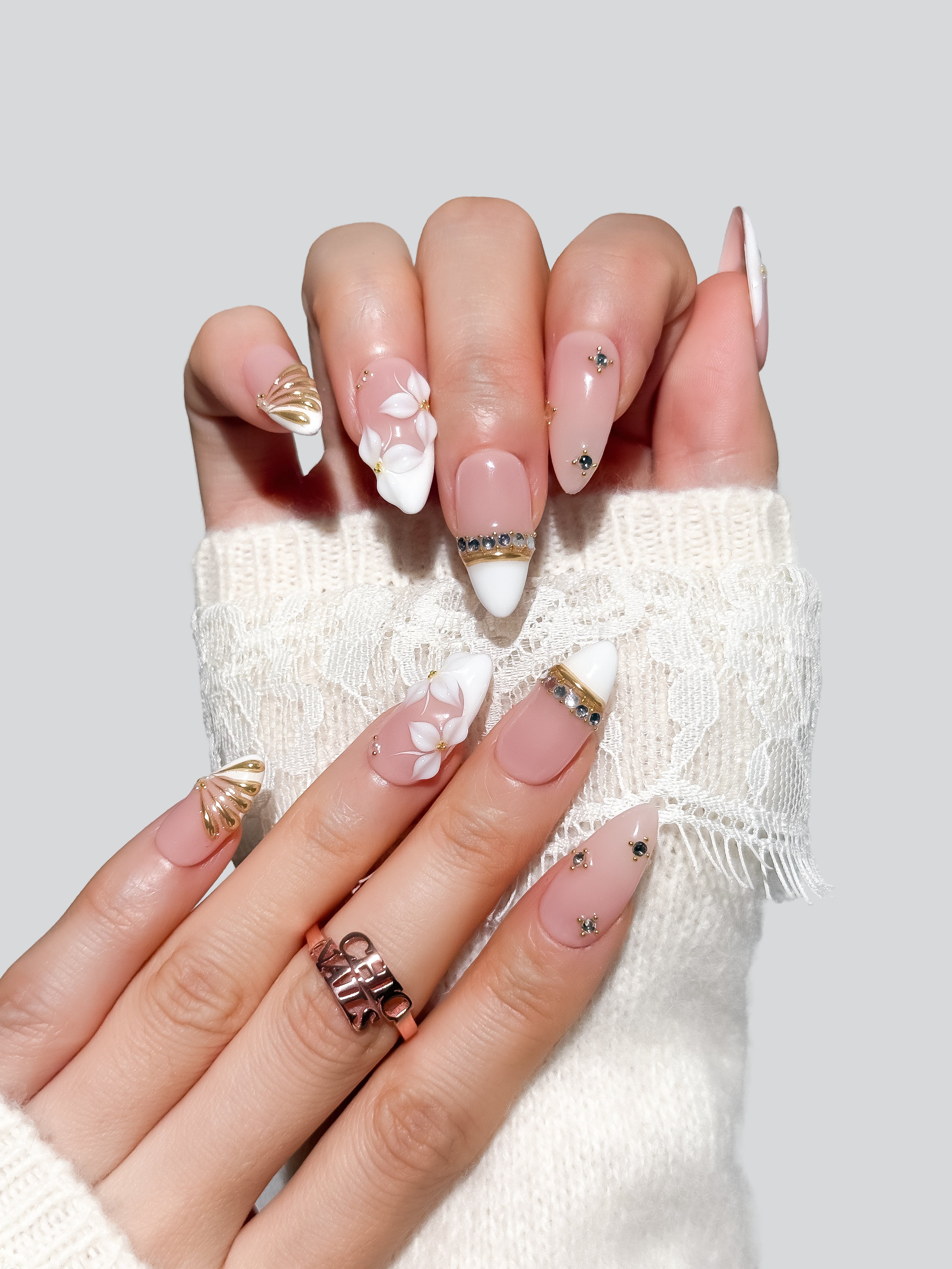 Handmade White Floral French Tip Press-On Nails – Medium Almond