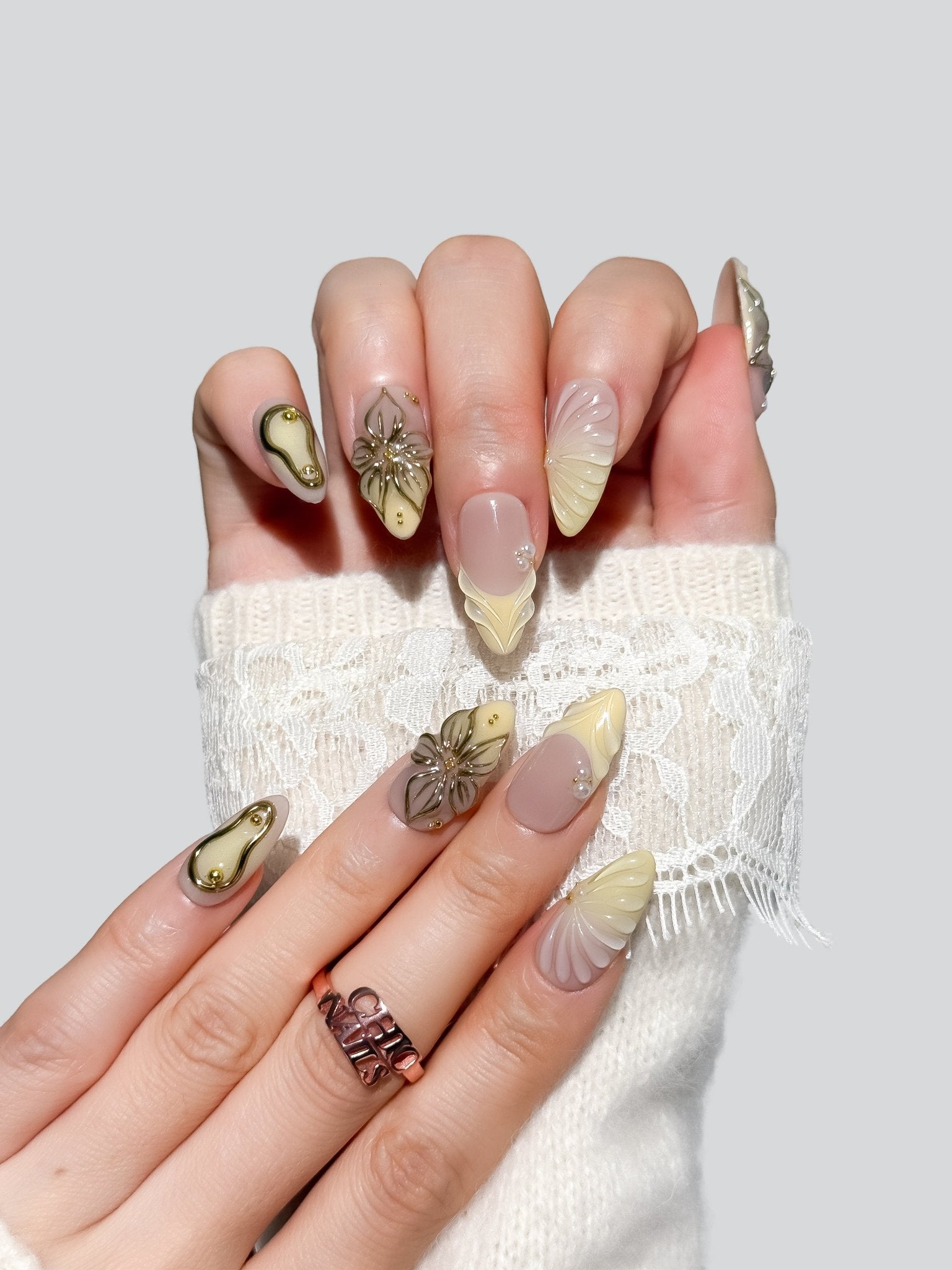 Handmade Sage Green Floral Press-On Nails – Medium Almond