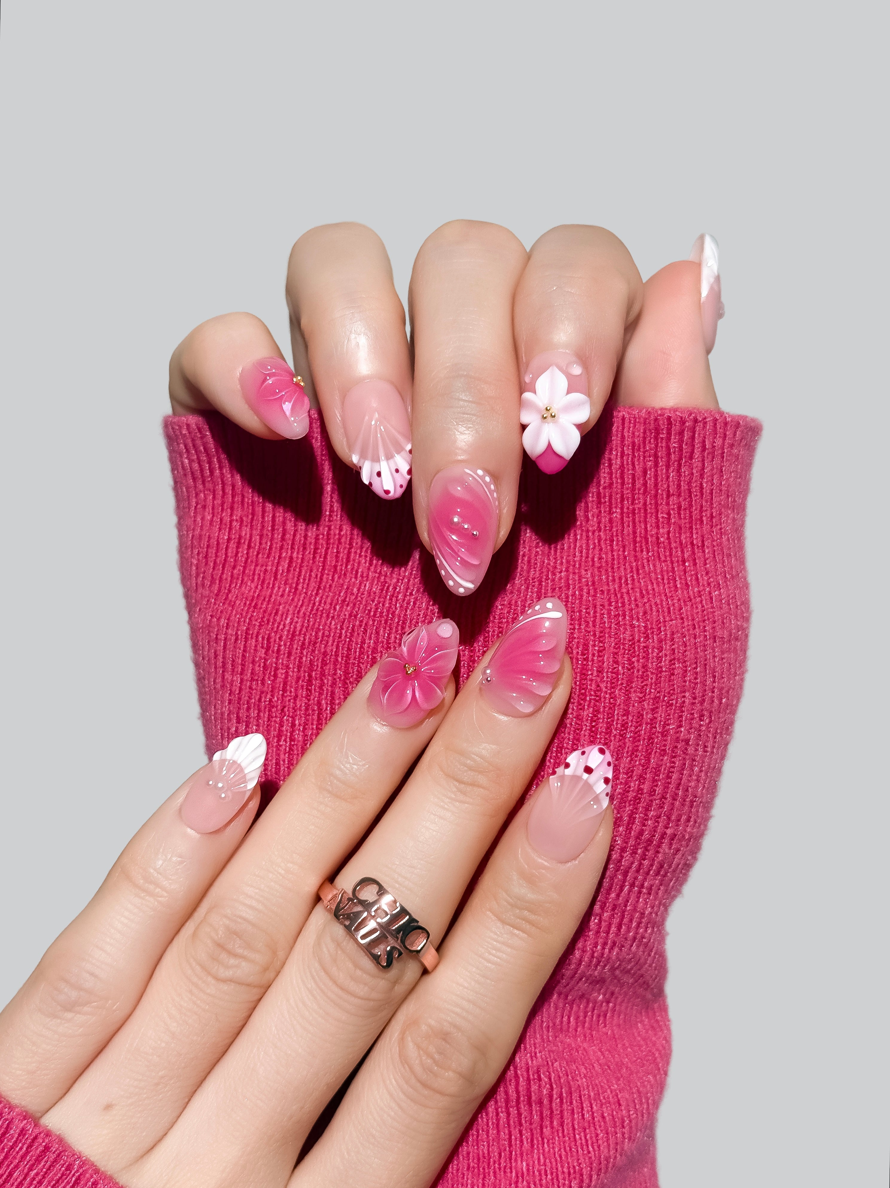 Handmade Pink Floral Press-On Nails – Medium Almond