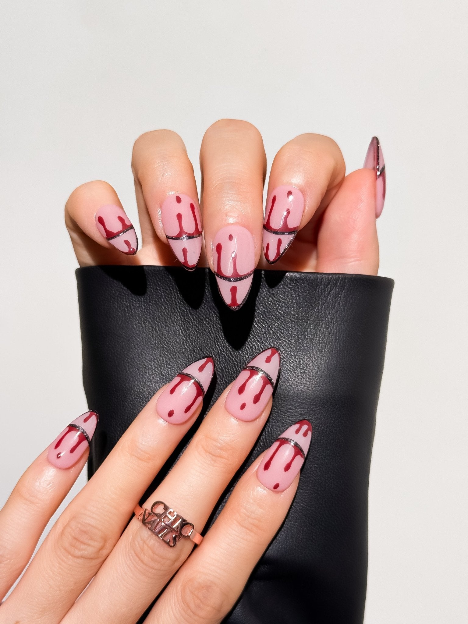 Crimson Drip Red & Silver Press On Nails – Medium Almond