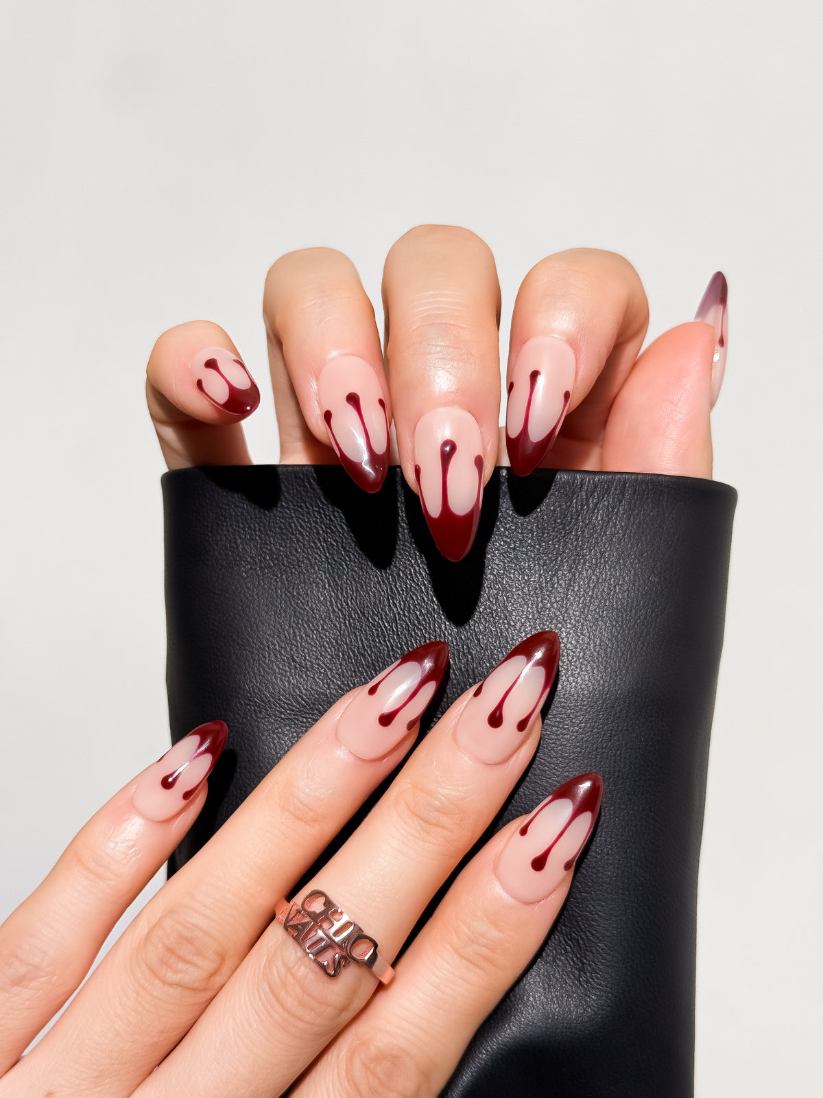 Crimson Drip Medium Almond Press On Nails