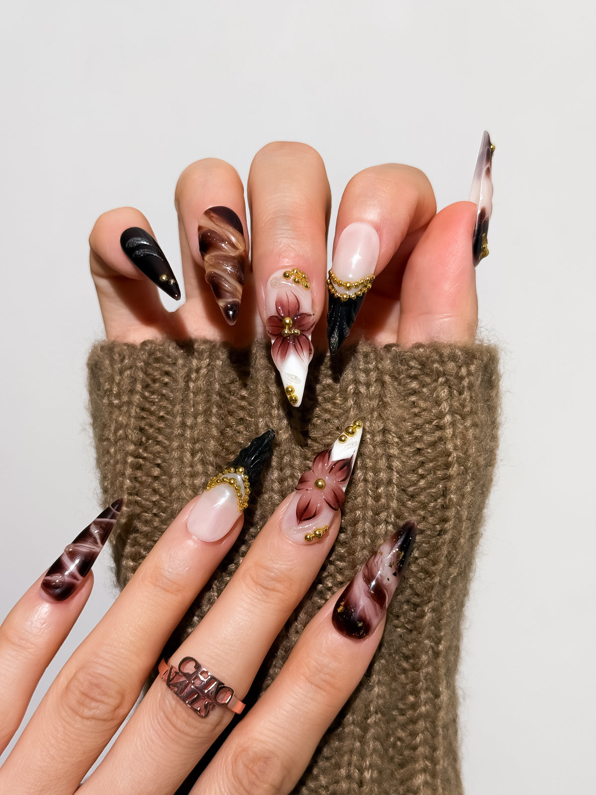 Mocha Bloom Long Stiletto Press On Nails