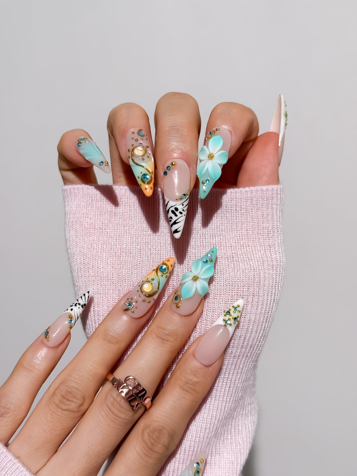 Aqua Bloom Long Stiletto Press On Nails