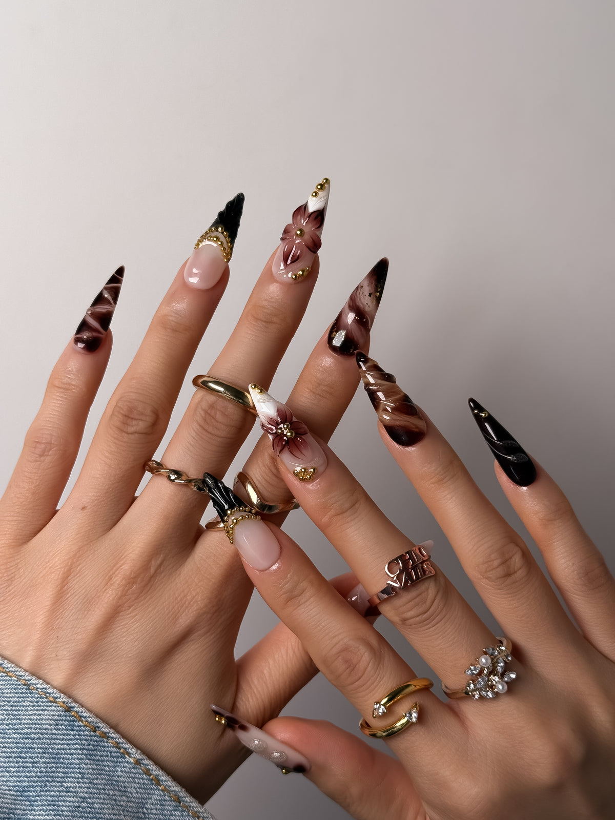 Mocha Bloom Long Stiletto Press On Nails