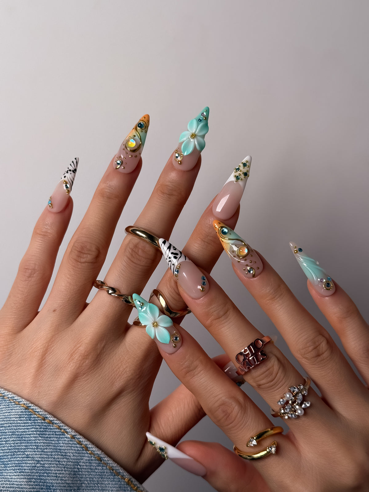 Aqua Bloom Long Stiletto Press On Nails