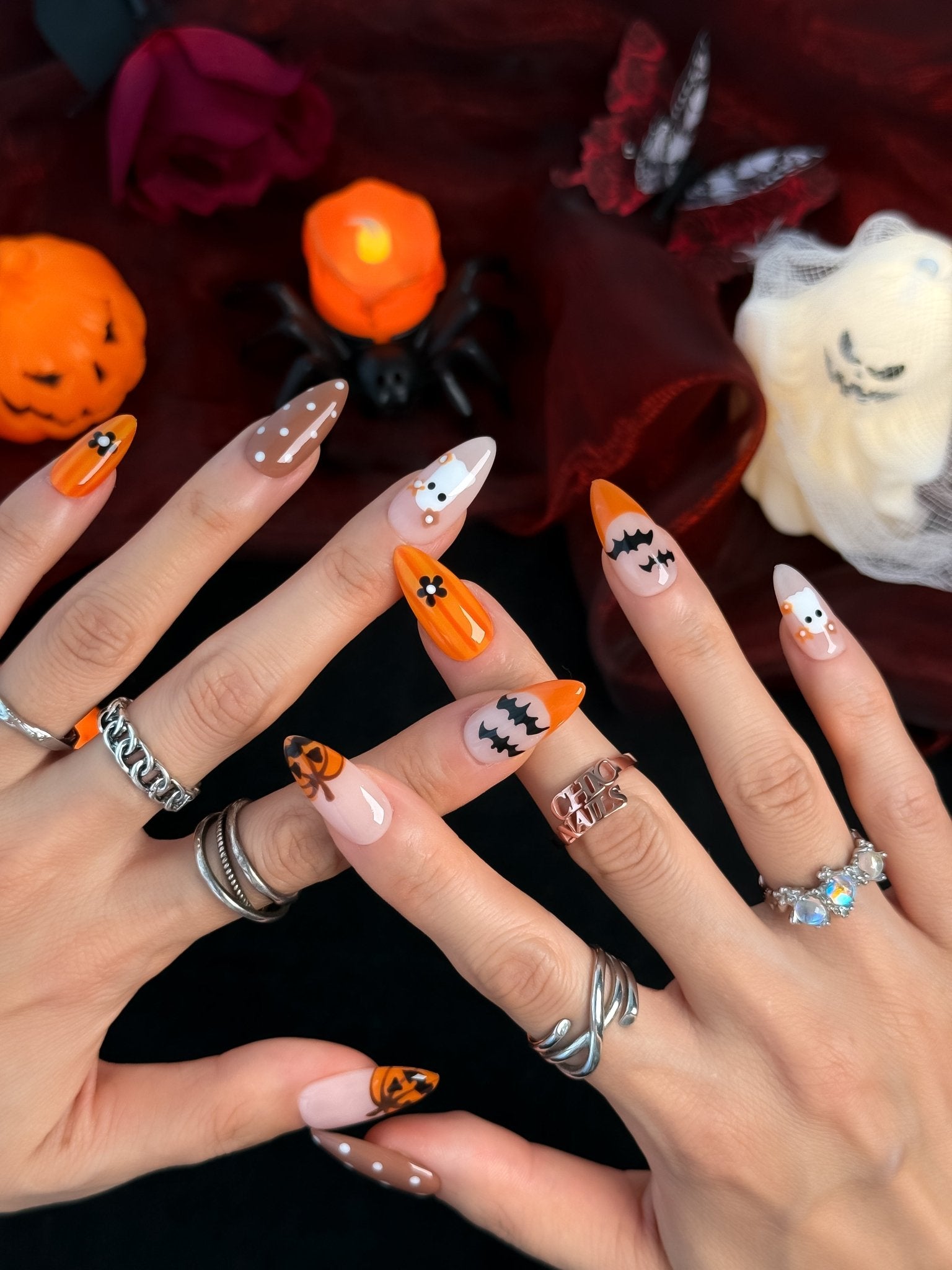 Pumpkin After Dark Orange Halloween Press On Nails – Medium Almond