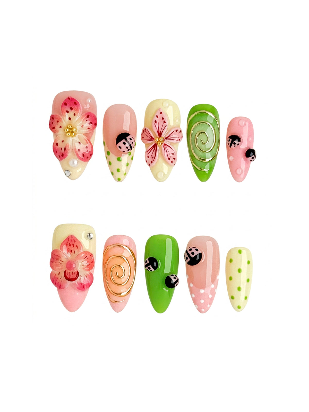 Ladybug Garden Medium Almond Press On Nails