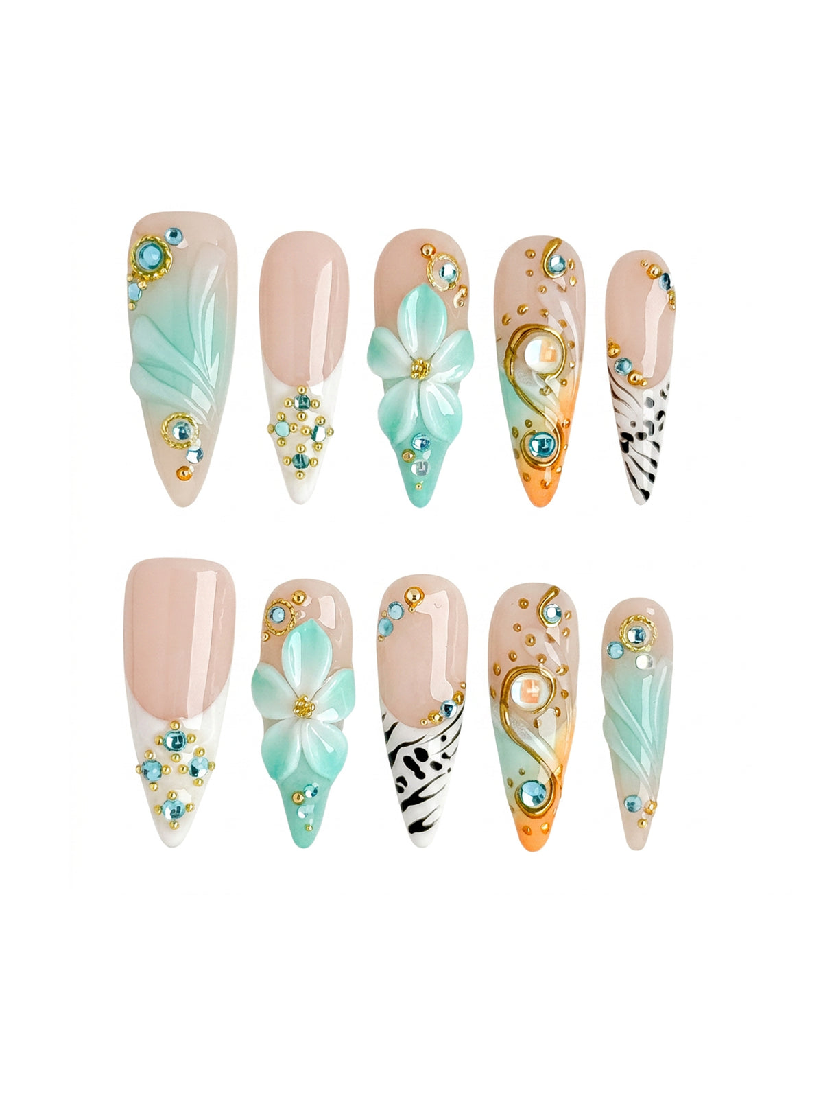 Aqua Bloom Long Stiletto Press On Nails