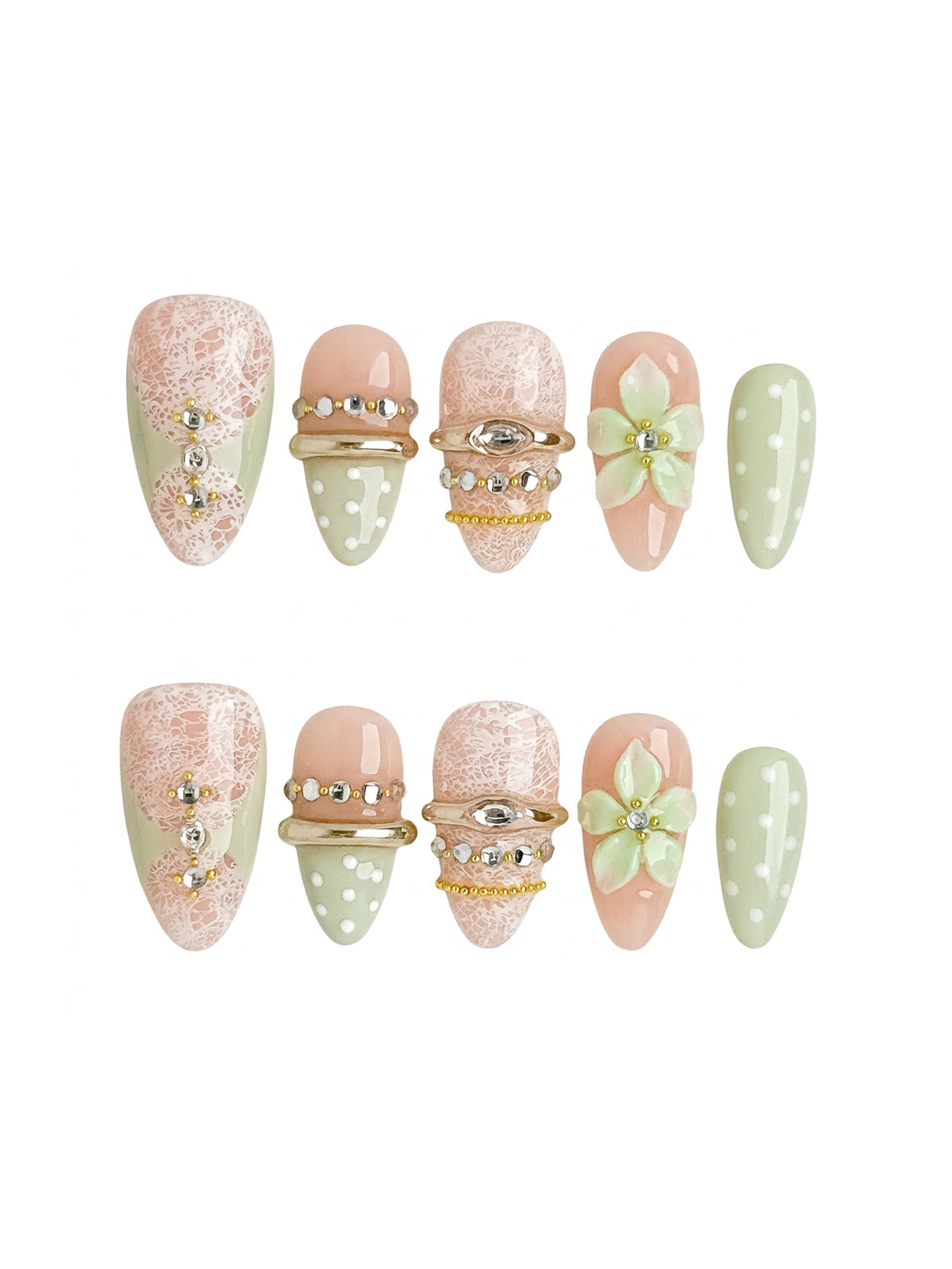 Sage Lace Medium Almond Press On Nails