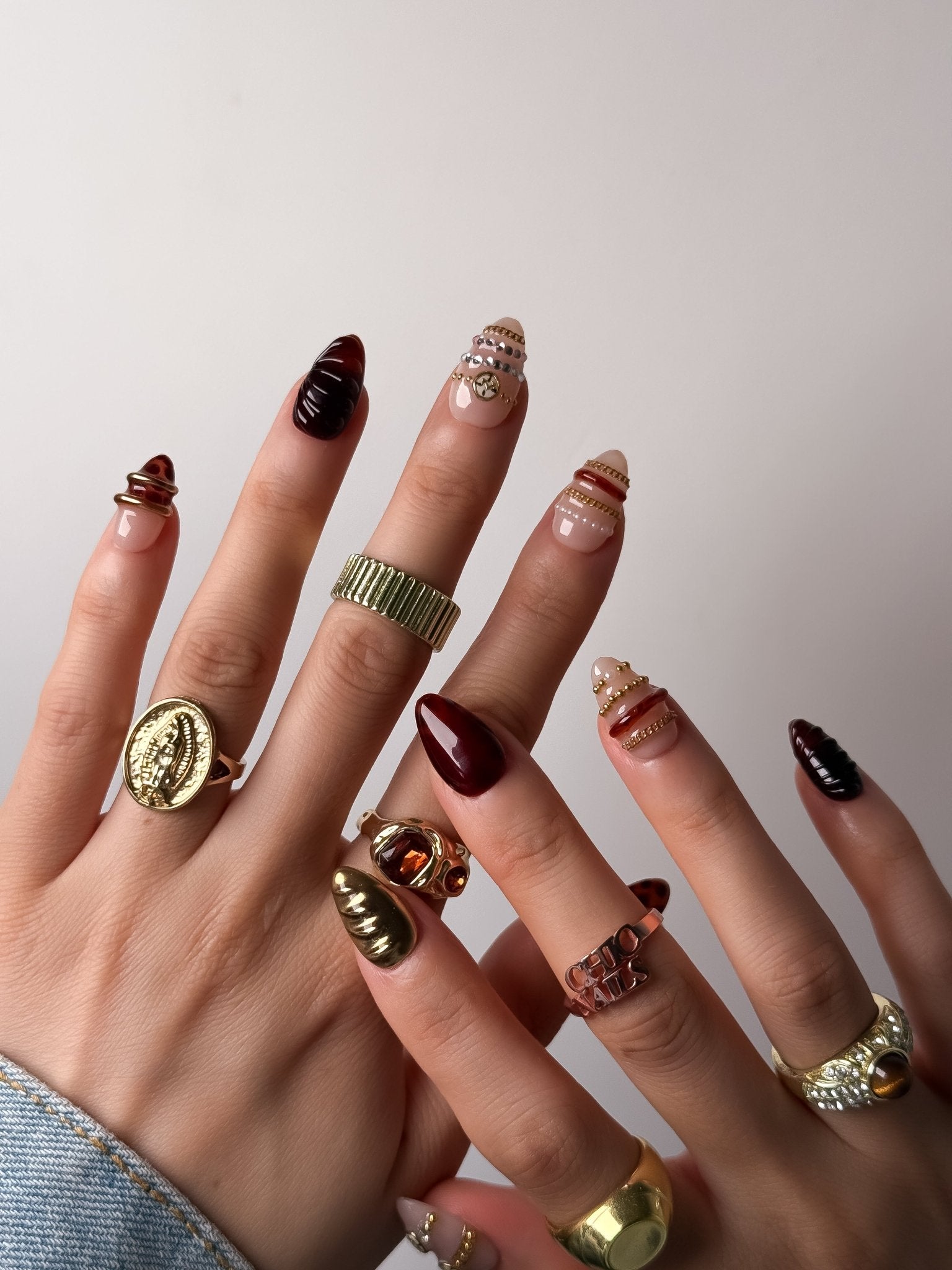 Handmade Burgundy Gold Charm Press-On Nails – Short Almond