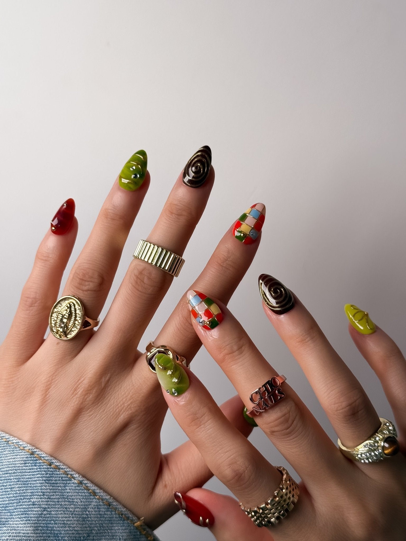 Handmade Retro Patchwork Press-On Nails – Short Almond