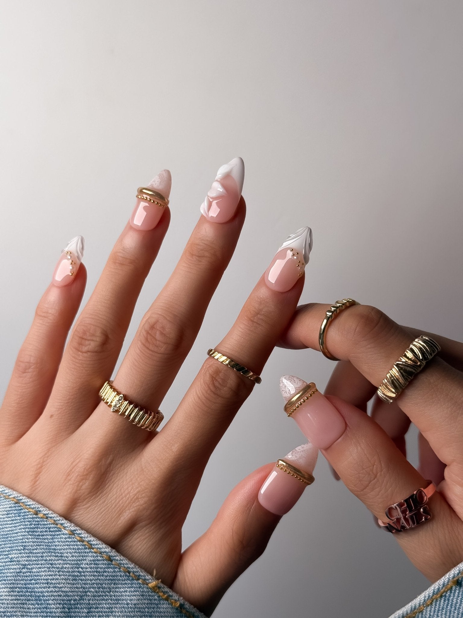 White French Floral Press On Nails Medium Almond