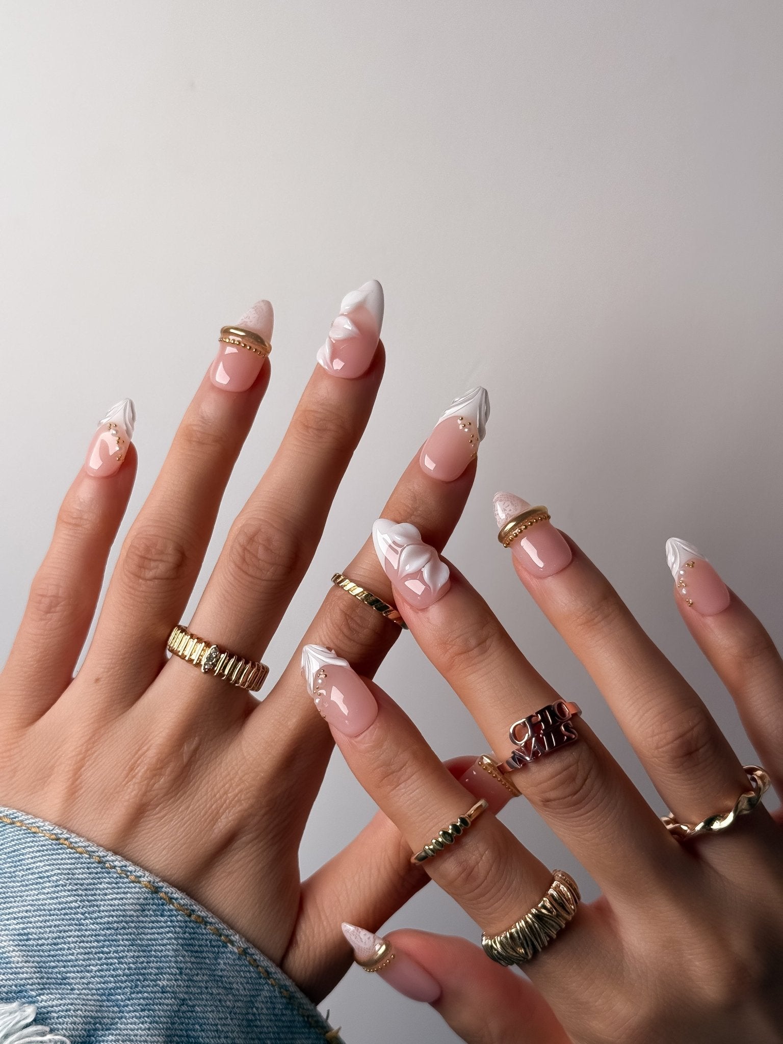 White French Floral Press On Nails Medium Almond