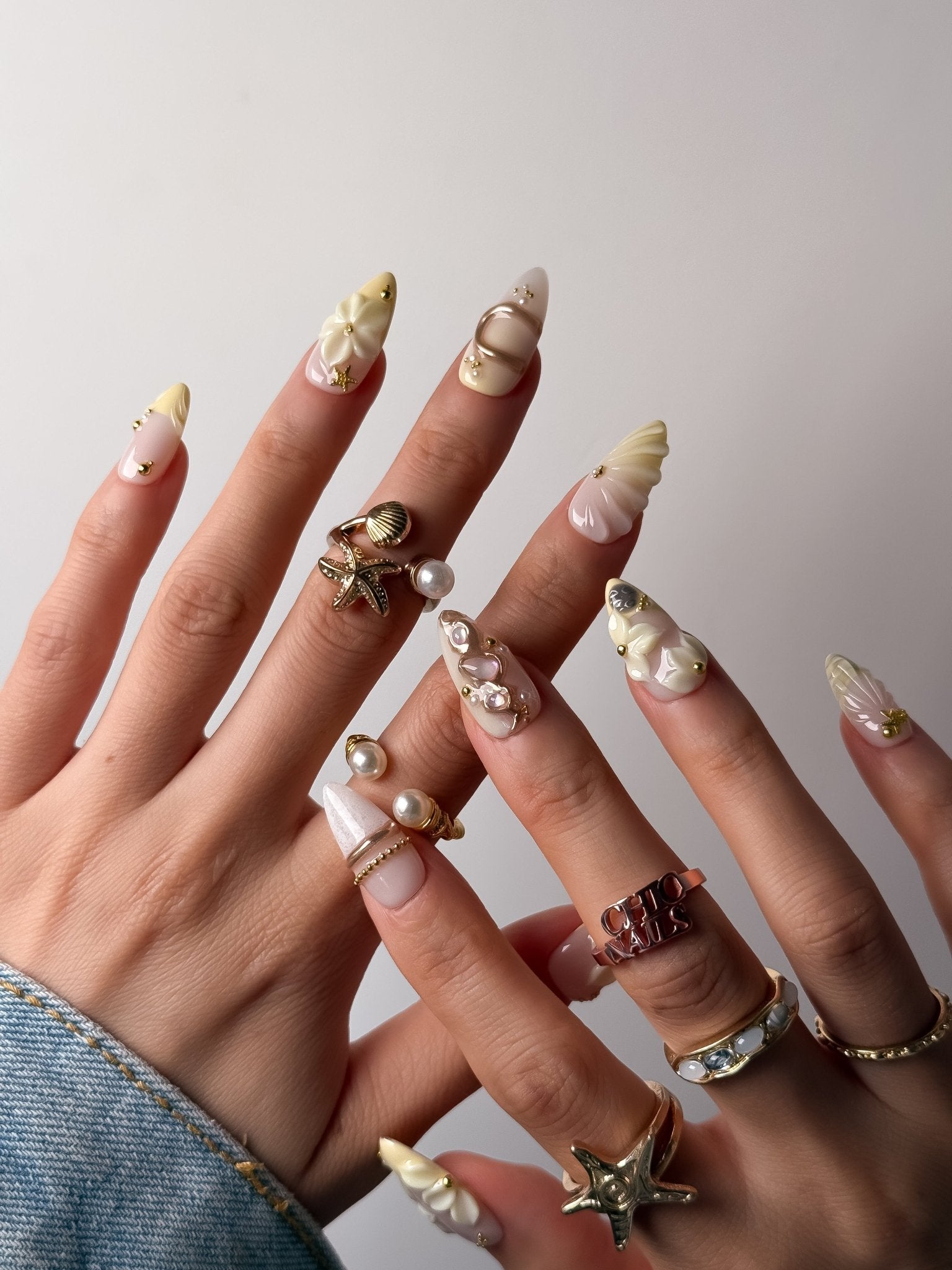 Handmade Ivory Blossom Pearl Press On Nails – Medium Almond