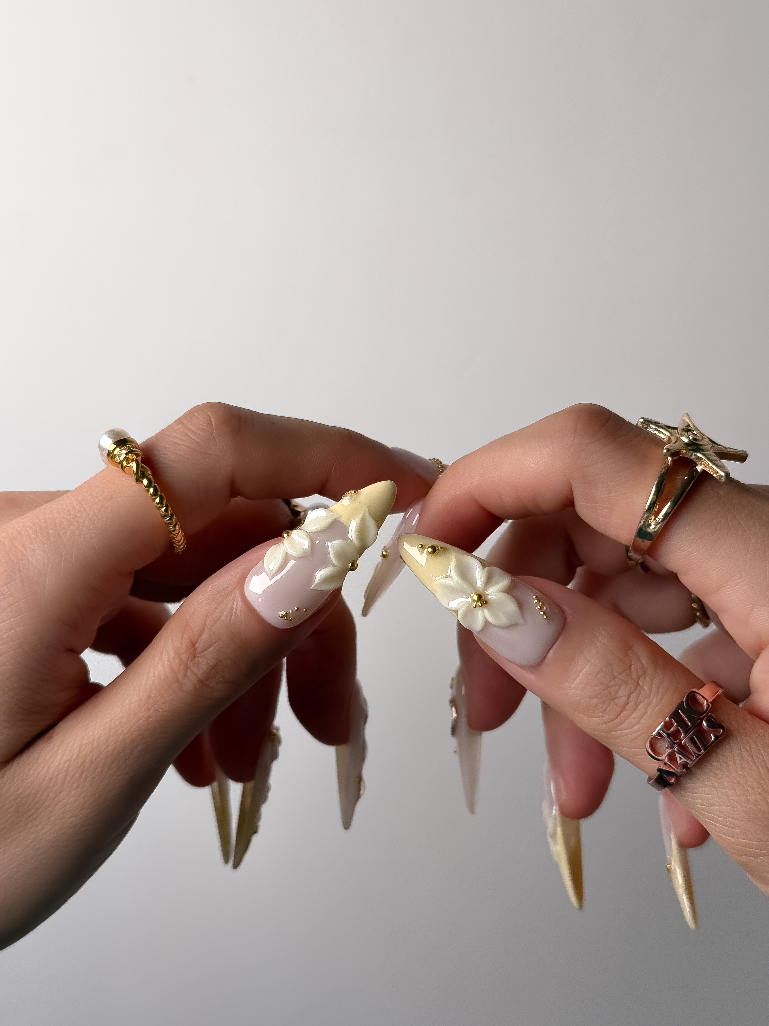 Handmade Ivory Blossom Pearl Press On Nails – Long Stiletto