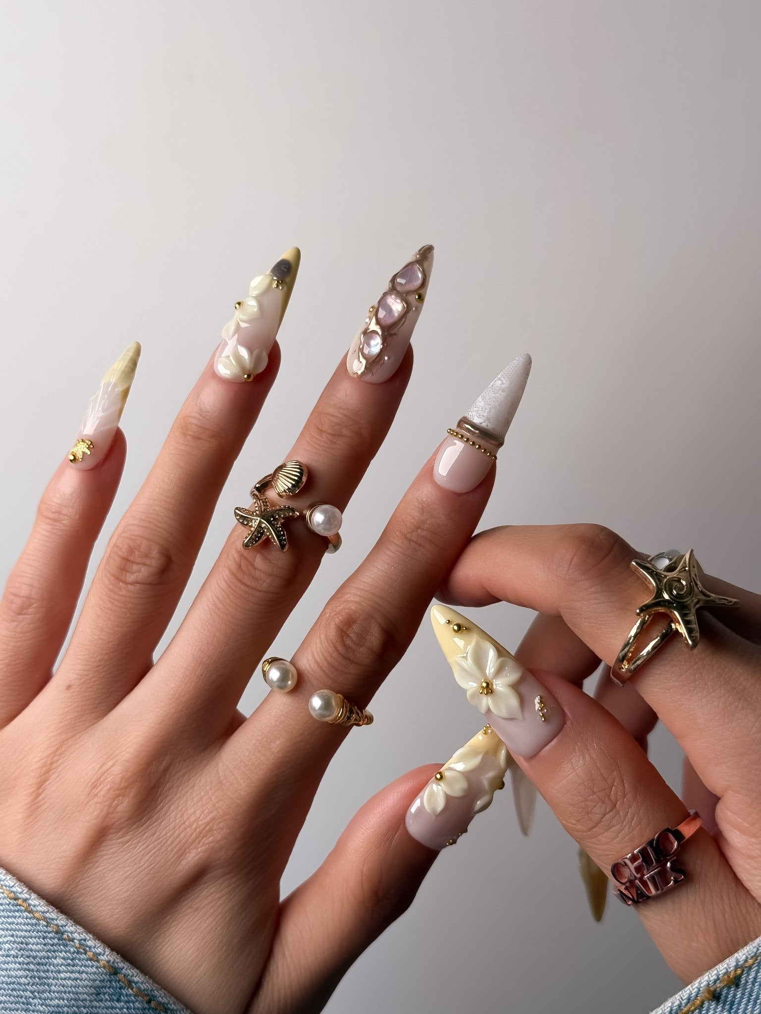 Handmade Ivory Blossom Pearl Press On Nails – Long Stiletto