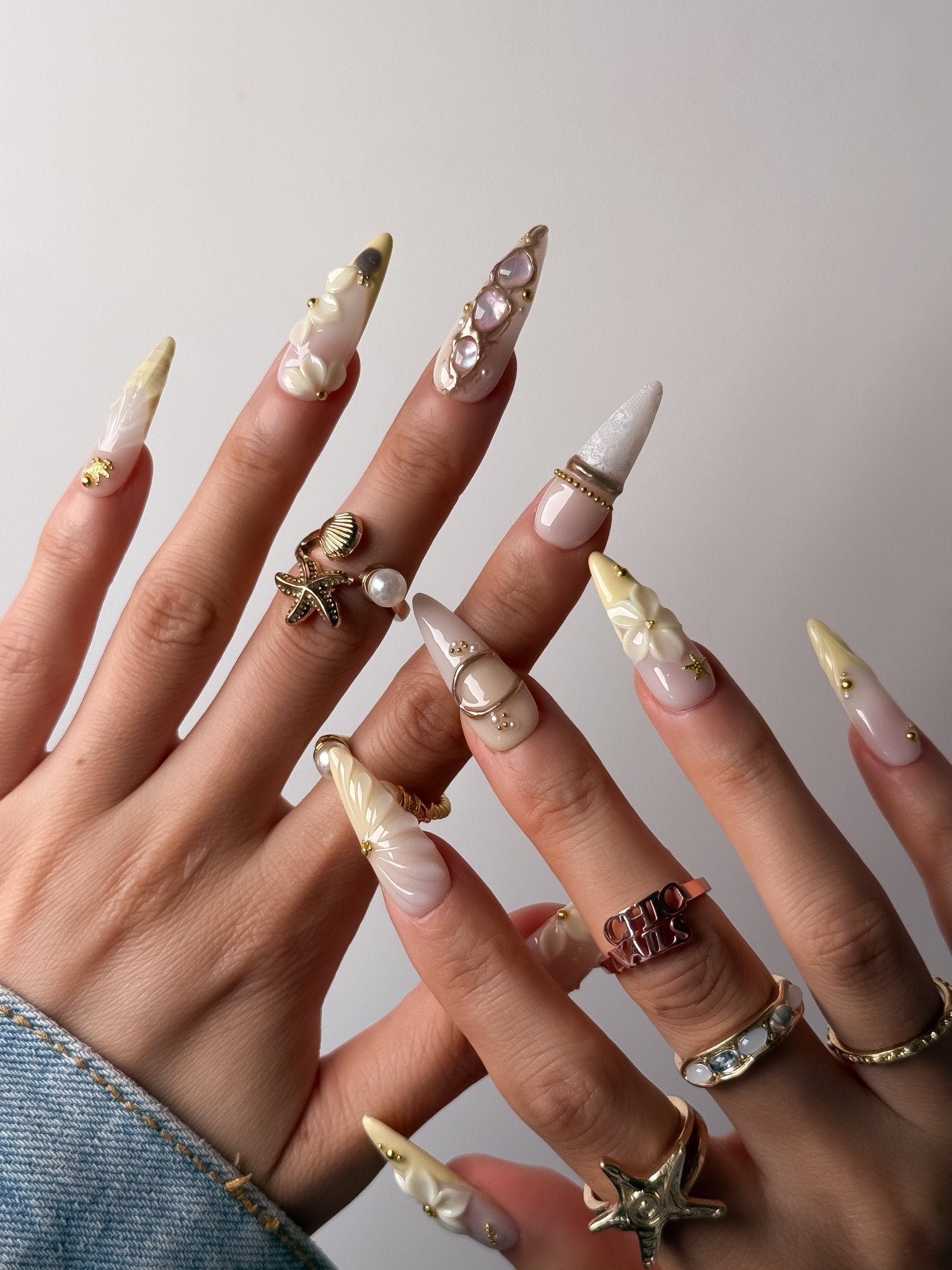 Handmade Ivory Blossom Pearl Press On Nails – Long Stiletto