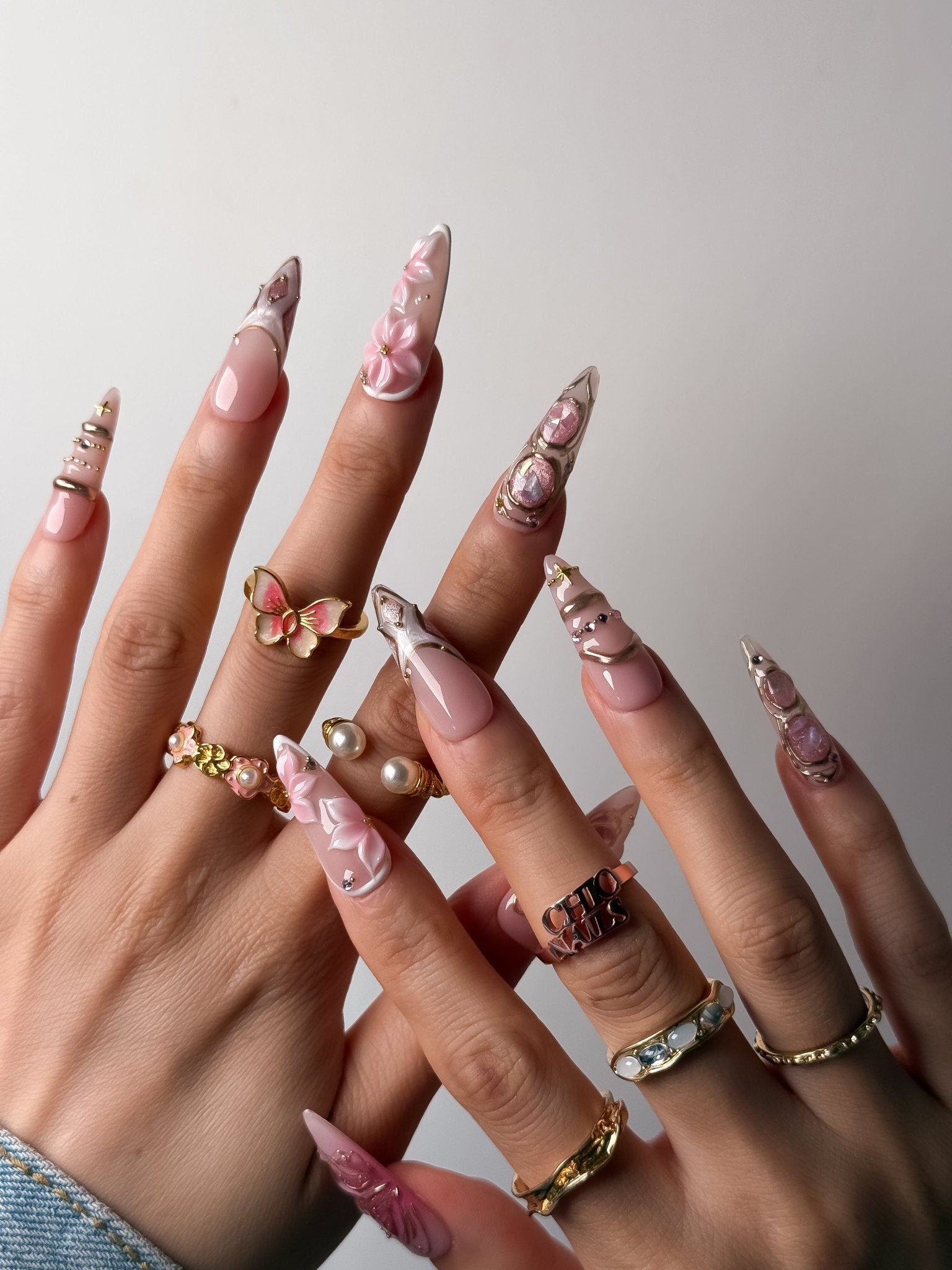 Handmade Pink Sakura Pearl Press On Nails – Long Stiletto