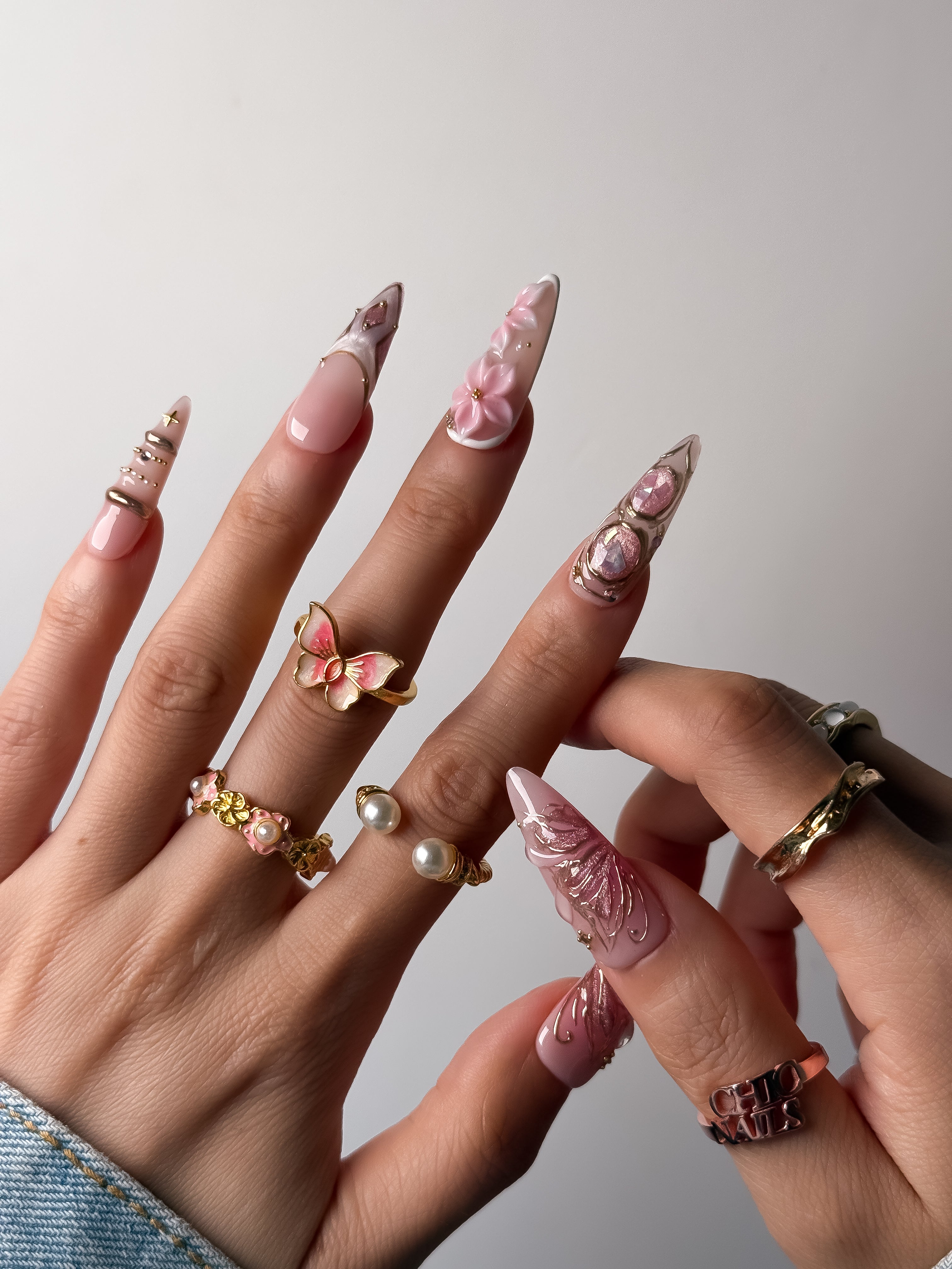 Handmade Pink Sakura Pearl Press On Nails – Long Stiletto