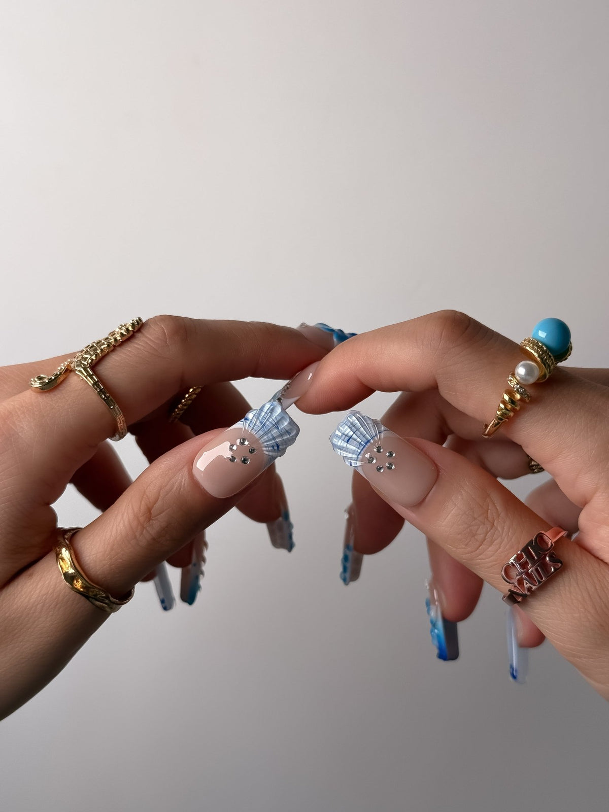 Handmade Ocean Blue Floral Press-On Nails – Medium Square