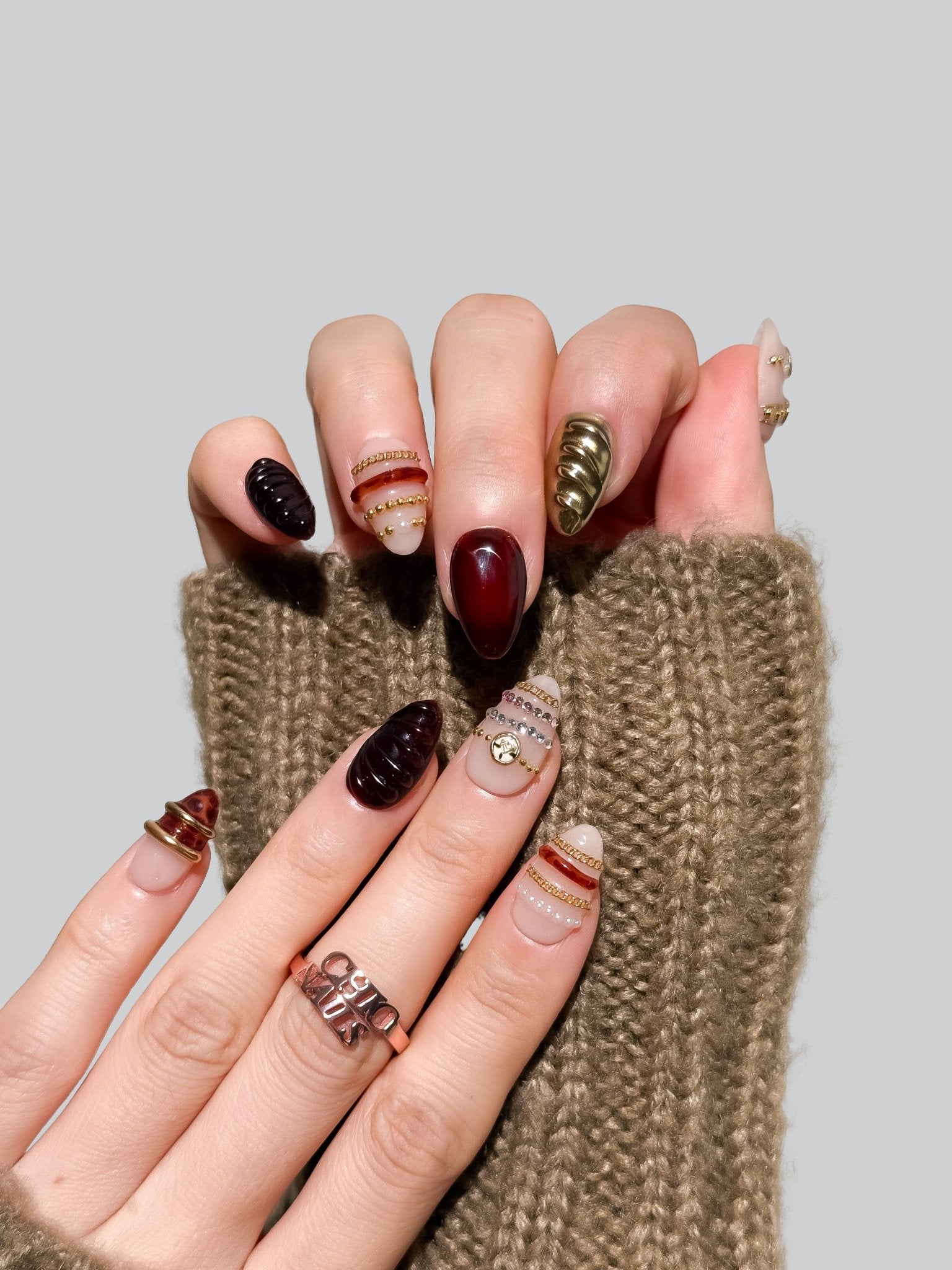 Handmade Burgundy Gold Charm Press-On Nails – Short Almond