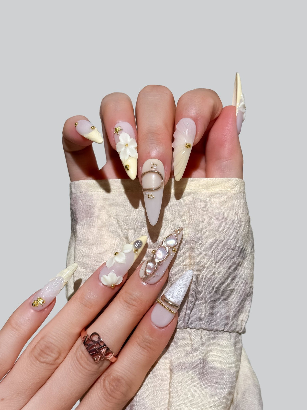 Handmade Ivory Blossom Pearl Press On Nails – Long Stiletto