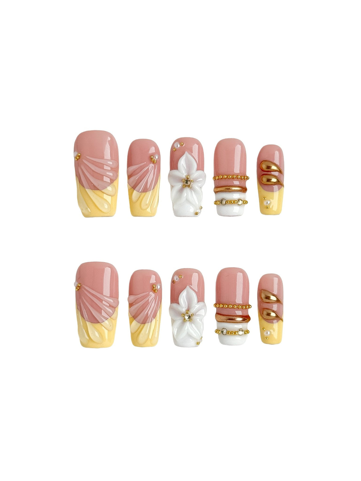 Handmade Butter Yellow Blossom Press On Nails – Medium Square