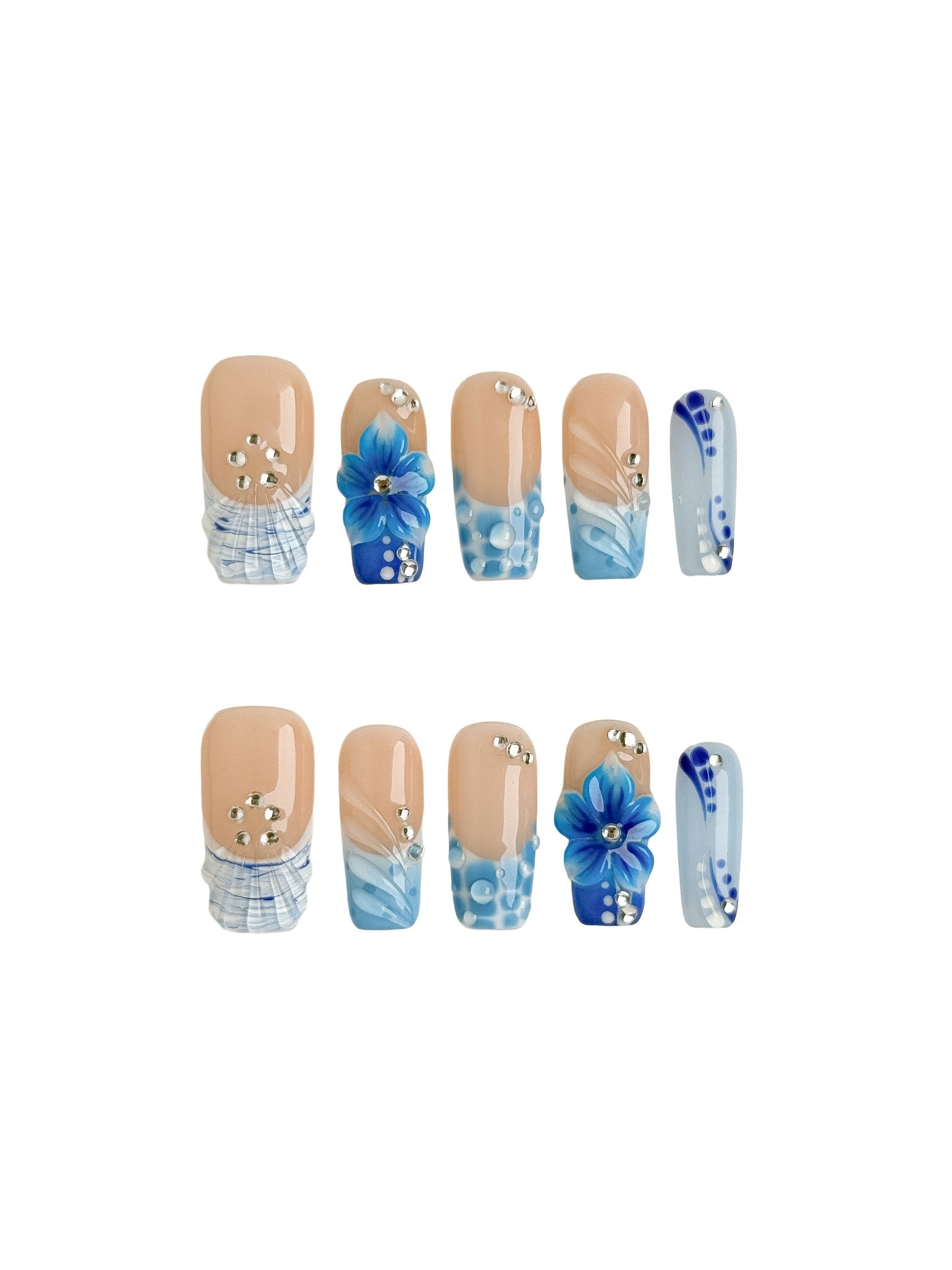 Handmade Ocean Blue Floral Press-On Nails – Medium Square