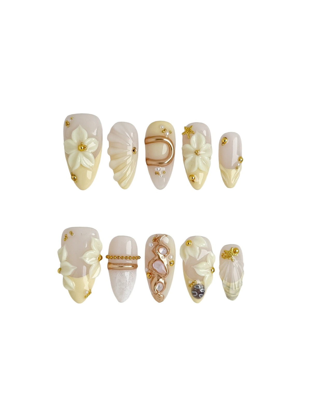 Handmade Ivory Blossom Pearl Press On Nails – Medium Almond
