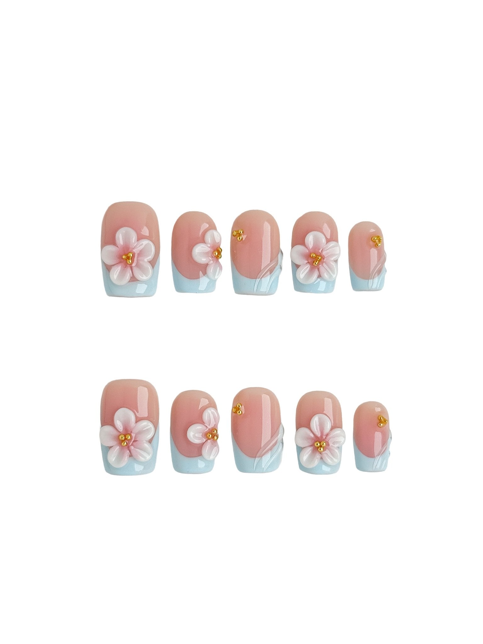 Blue French Blossom Press On Nails Short Square