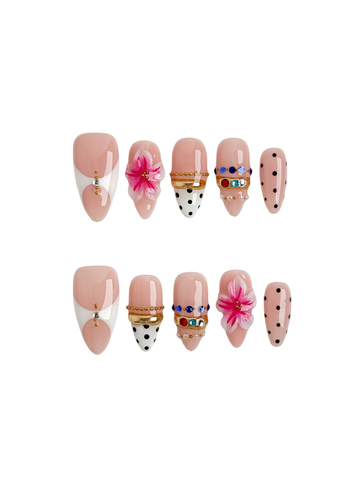 Medium Almond Pink & White Polka Dot Press-On Nails with 3D Flowers
