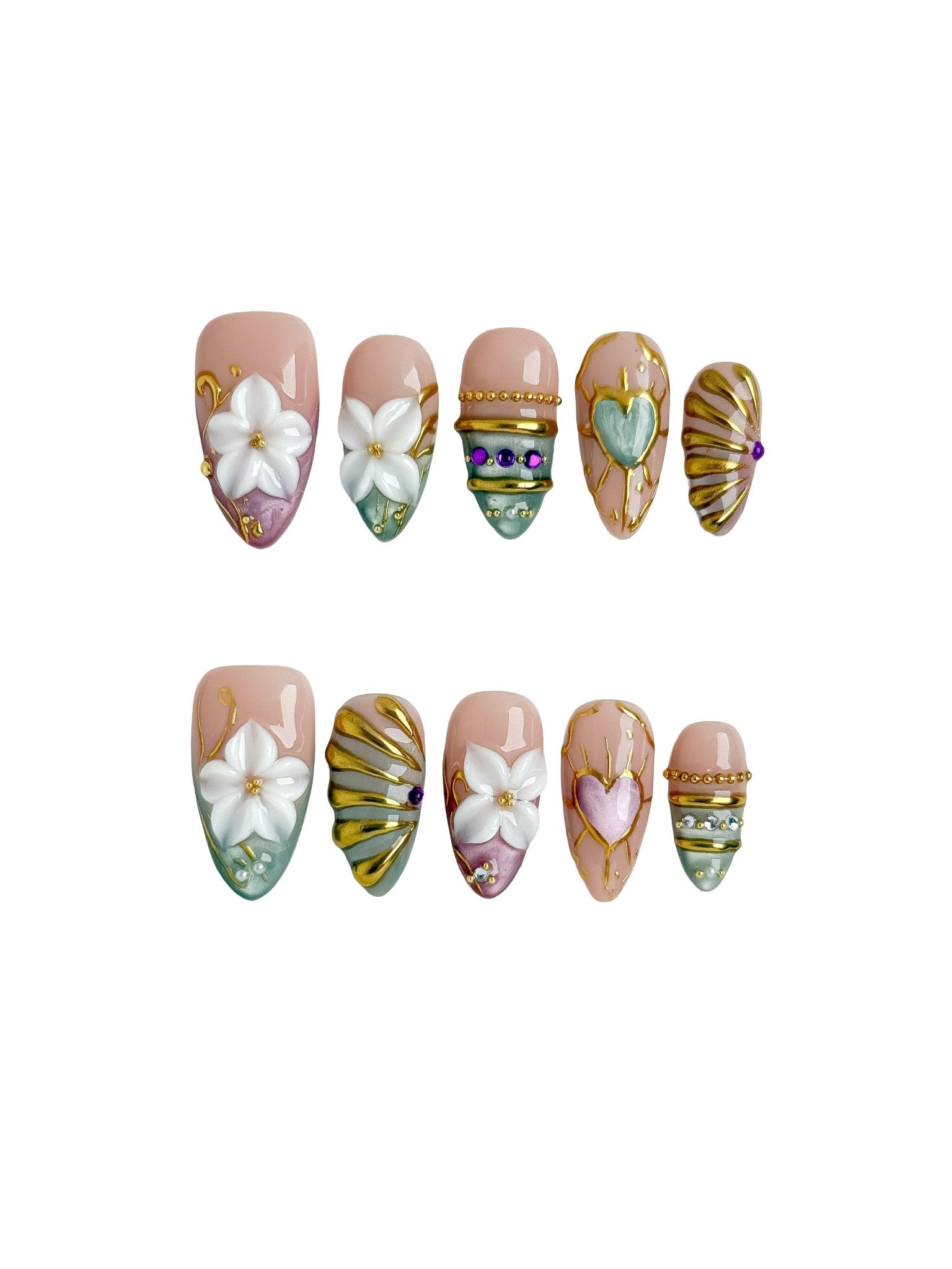 Handmade Sage Green Blossom Press On Nails – Medium Almond