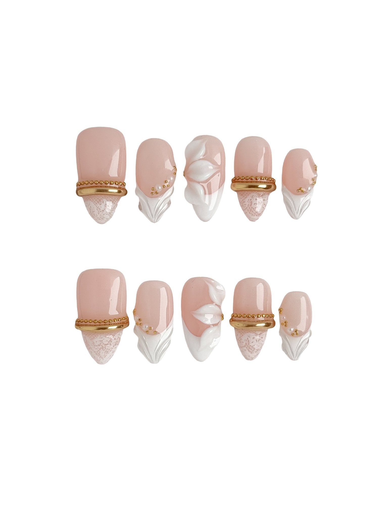 White French Floral Press On Nails Medium Almond