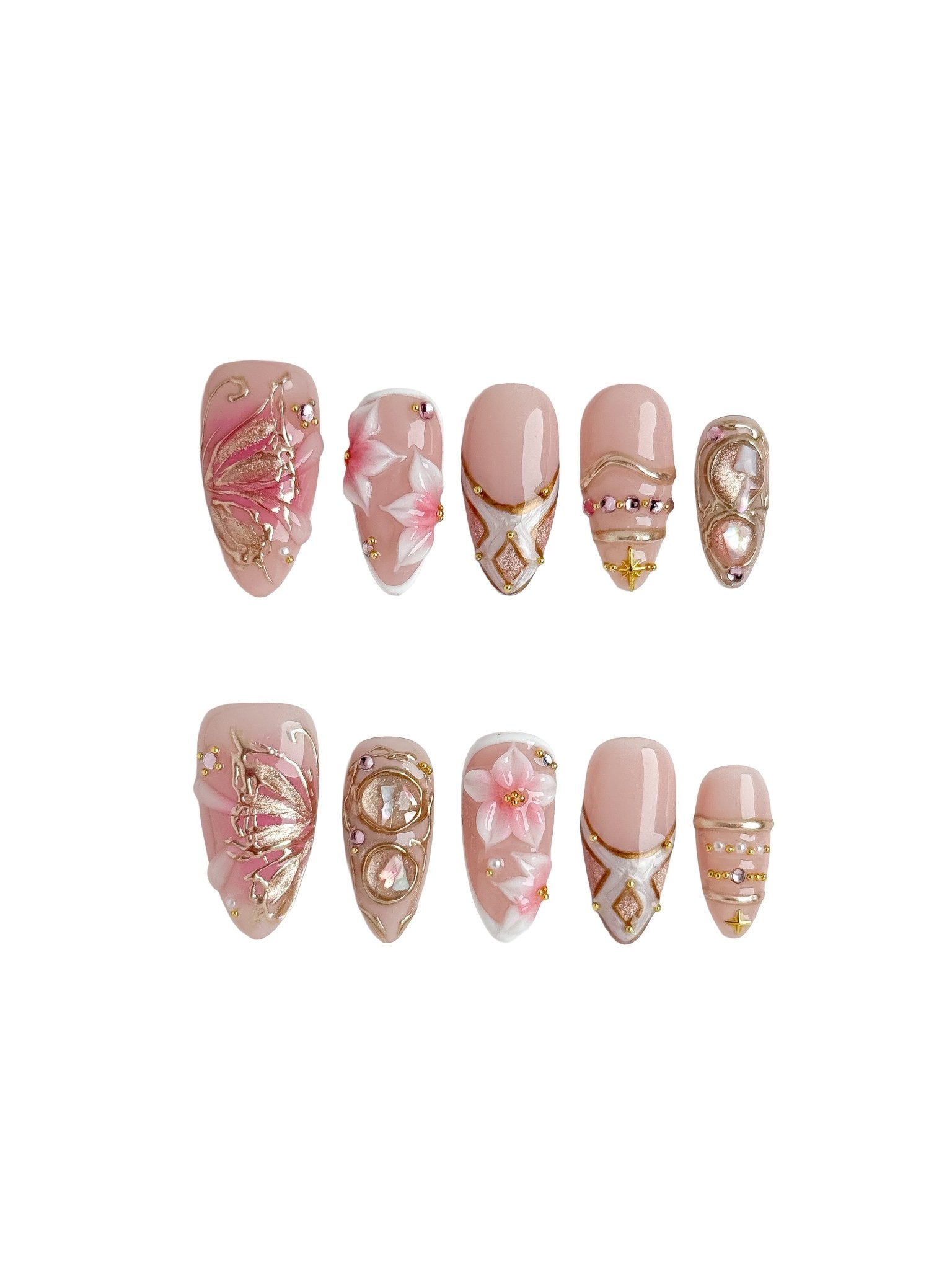 Handmade Pink Sakura Pearl Press On Nails – Medium Almond