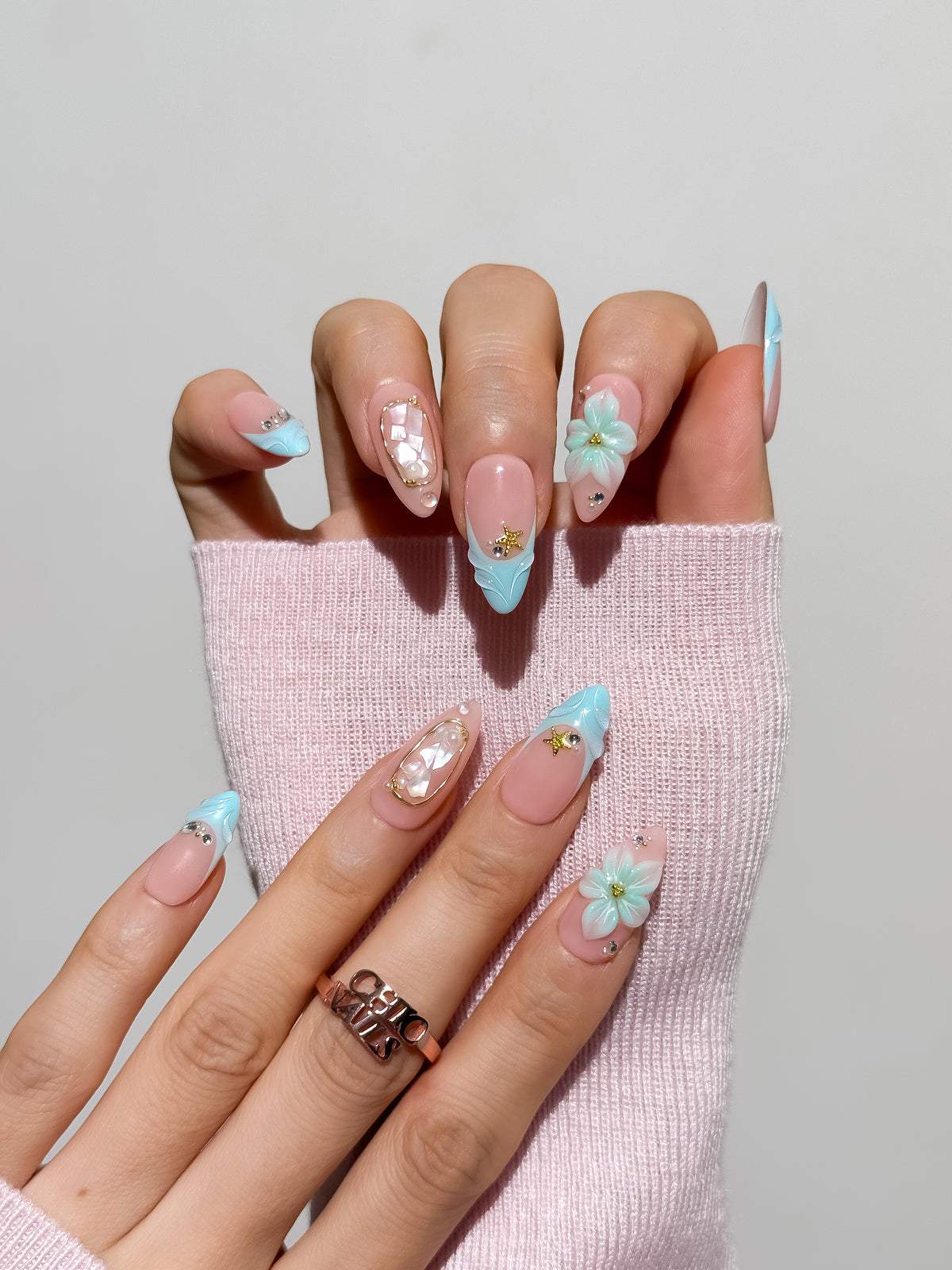 Aqua Blossom Medium Almond Press On Nails