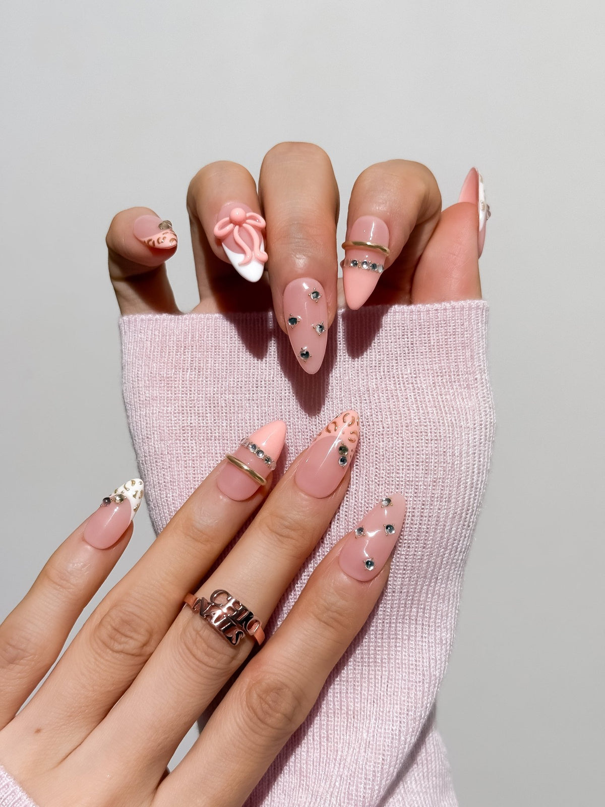 Blush Bow Medium Almond Press On Nails