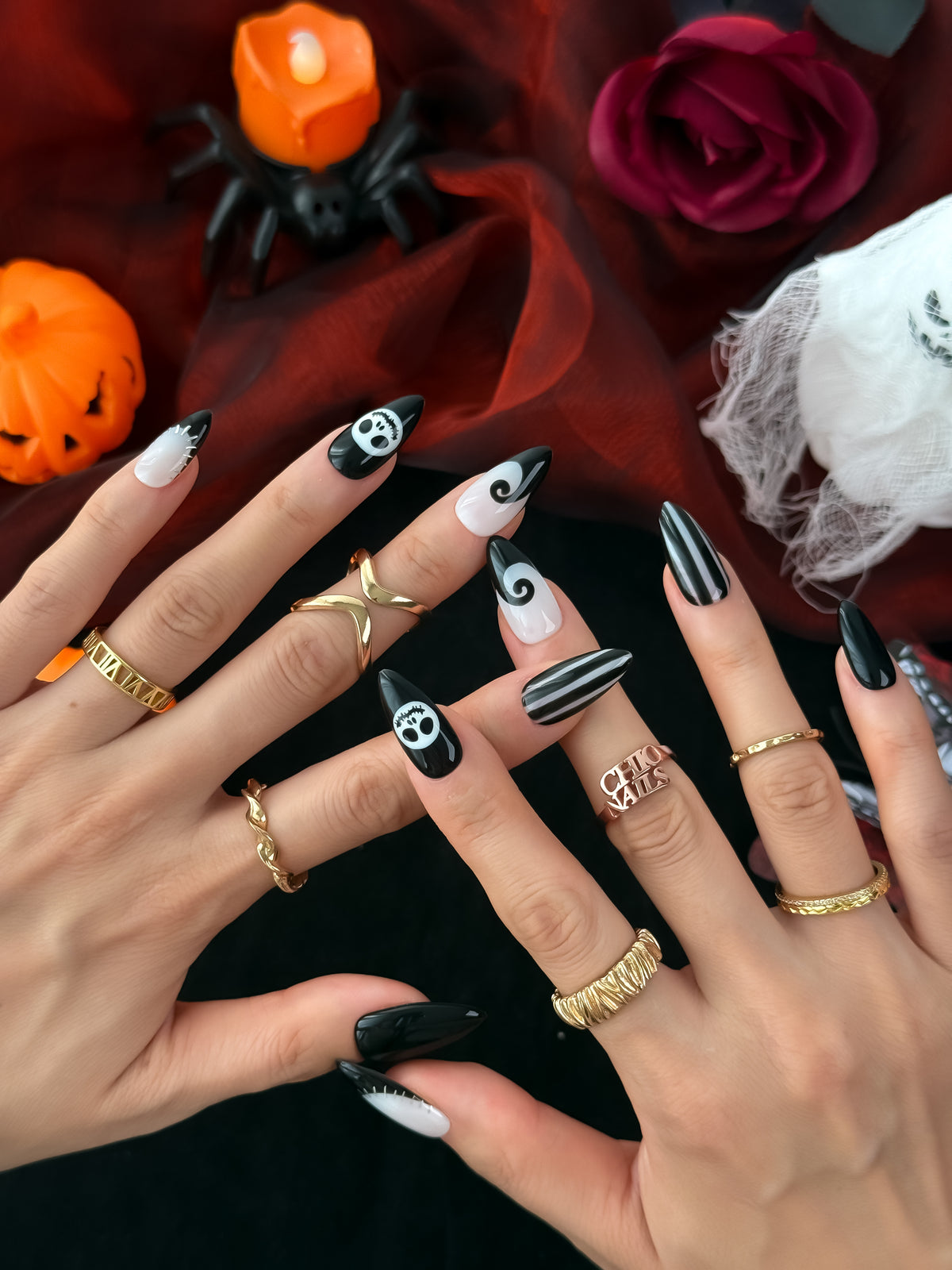 Midnight Skeleton Medium Almond Press On Nails