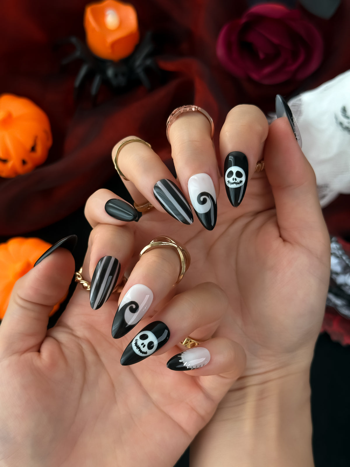 Midnight Skeleton Medium Almond Press On Nails