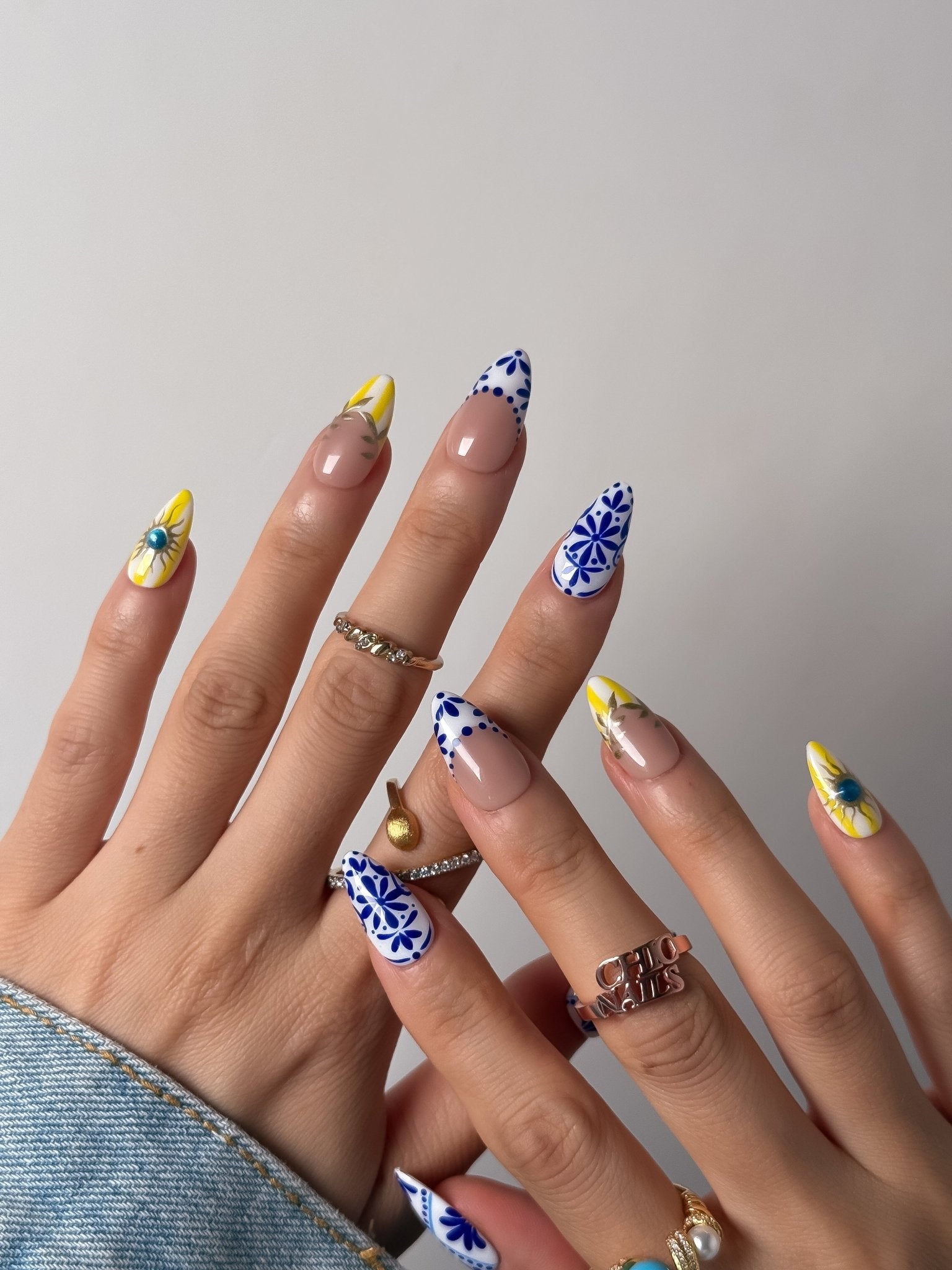 Blue Floral Press On Nails Handmade Reusable Sunflower Medium Almond