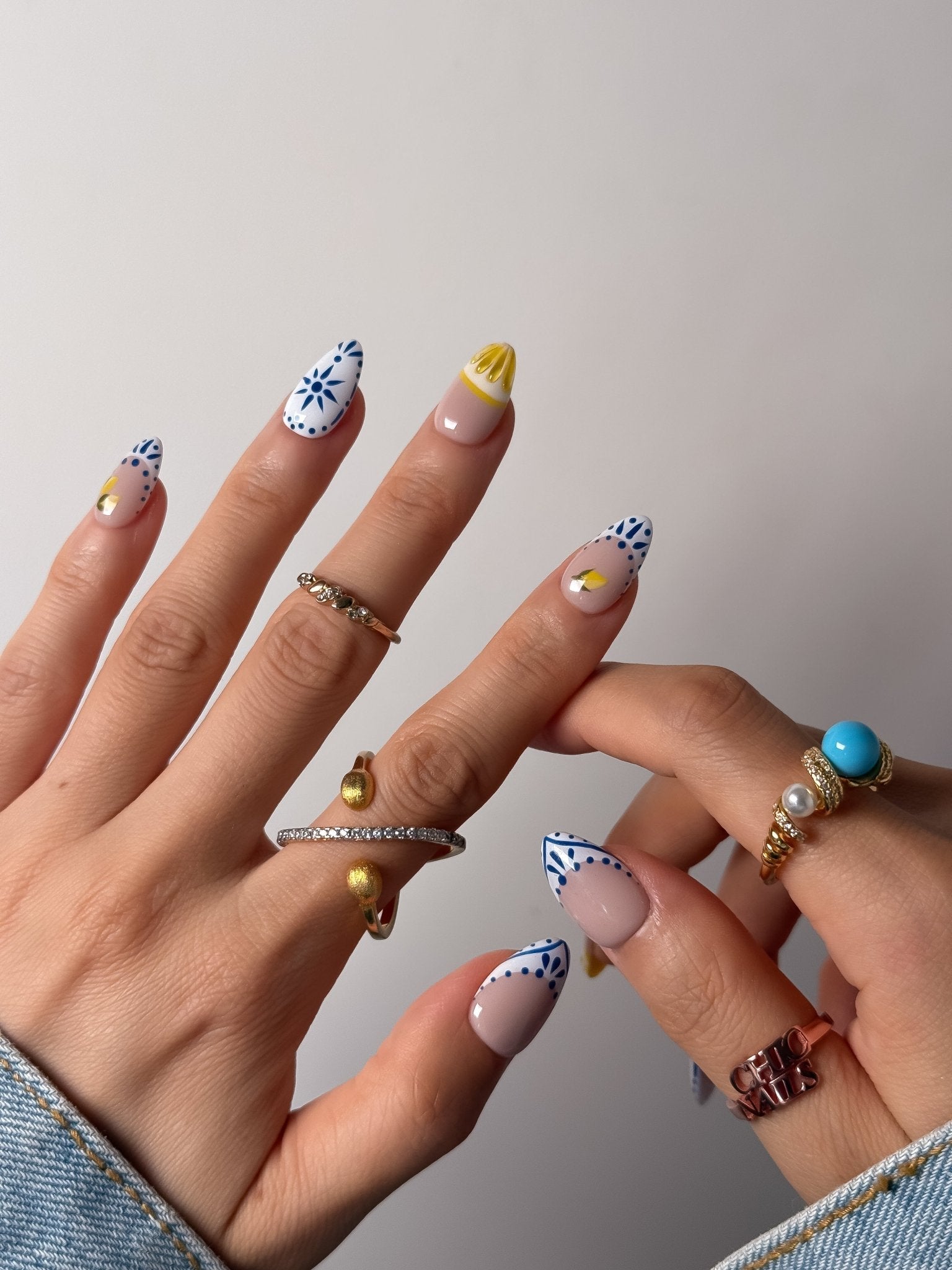 Blue Lemon Press On Nails Handmade Reusable Fake Nails Short Almond