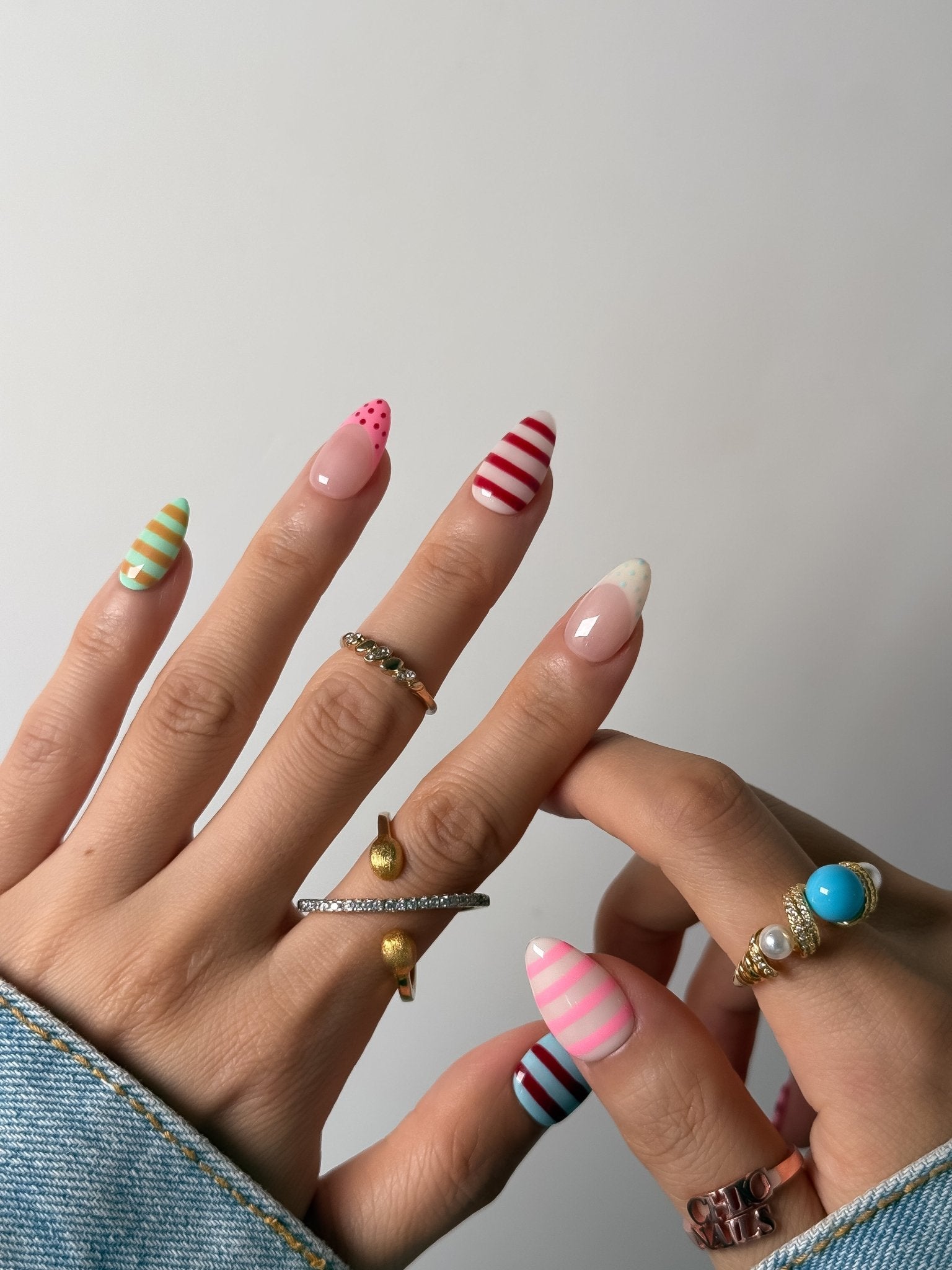 Pastel Candy Stripe & Polka Dot Press On Nails Handmade Reusable Fake Nails Short Almond