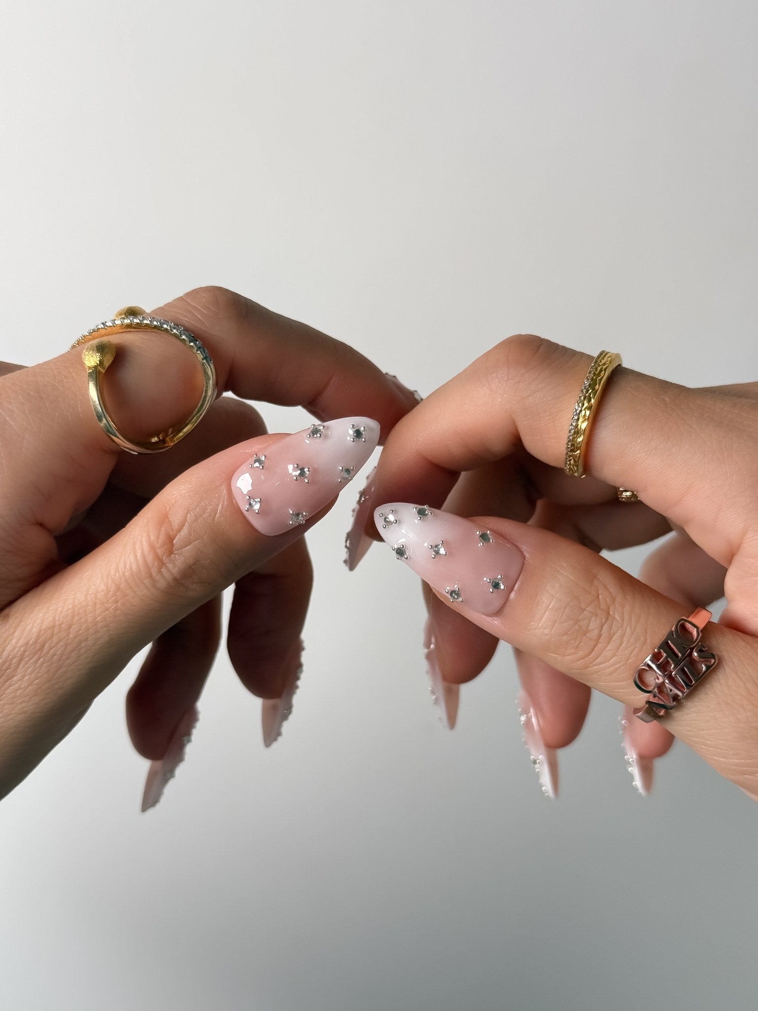 White Ombre Crystal Press On Nails Handmade Reusable Fake Nails Medium Almond