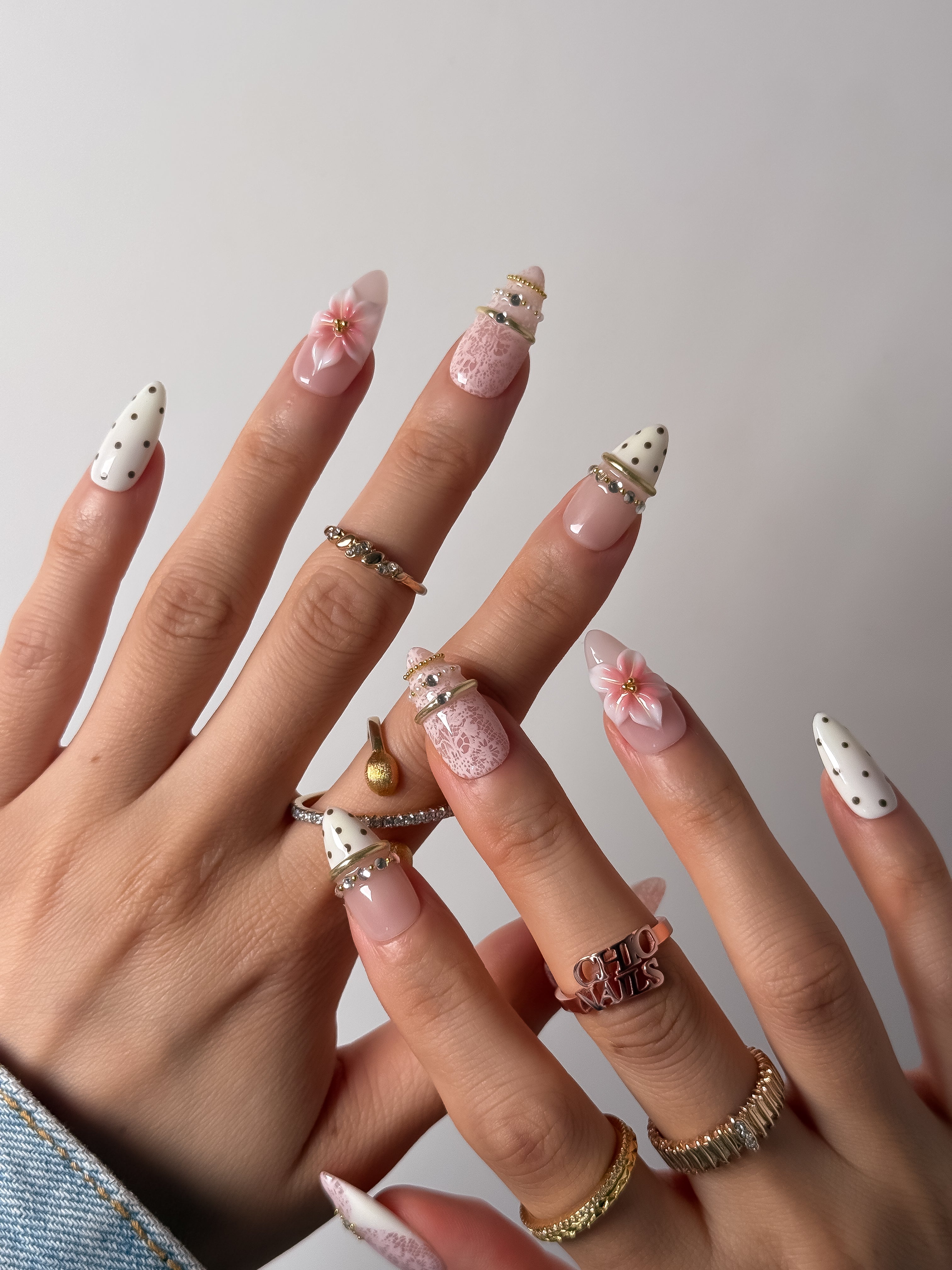 Pink Blossom Pearl Press On Nails Handmade Reusable Fake Nails Medium Almond