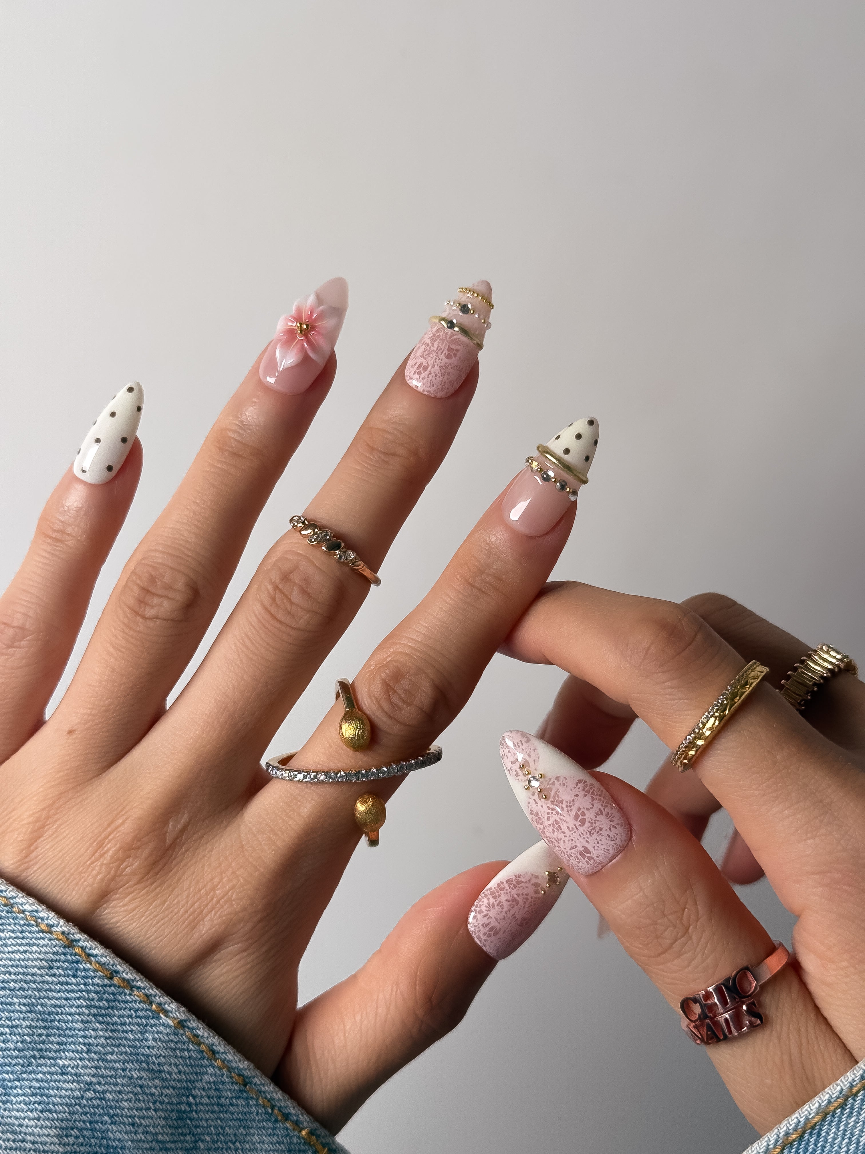Pink Blossom Pearl Press On Nails Handmade Reusable Fake Nails Medium Almond